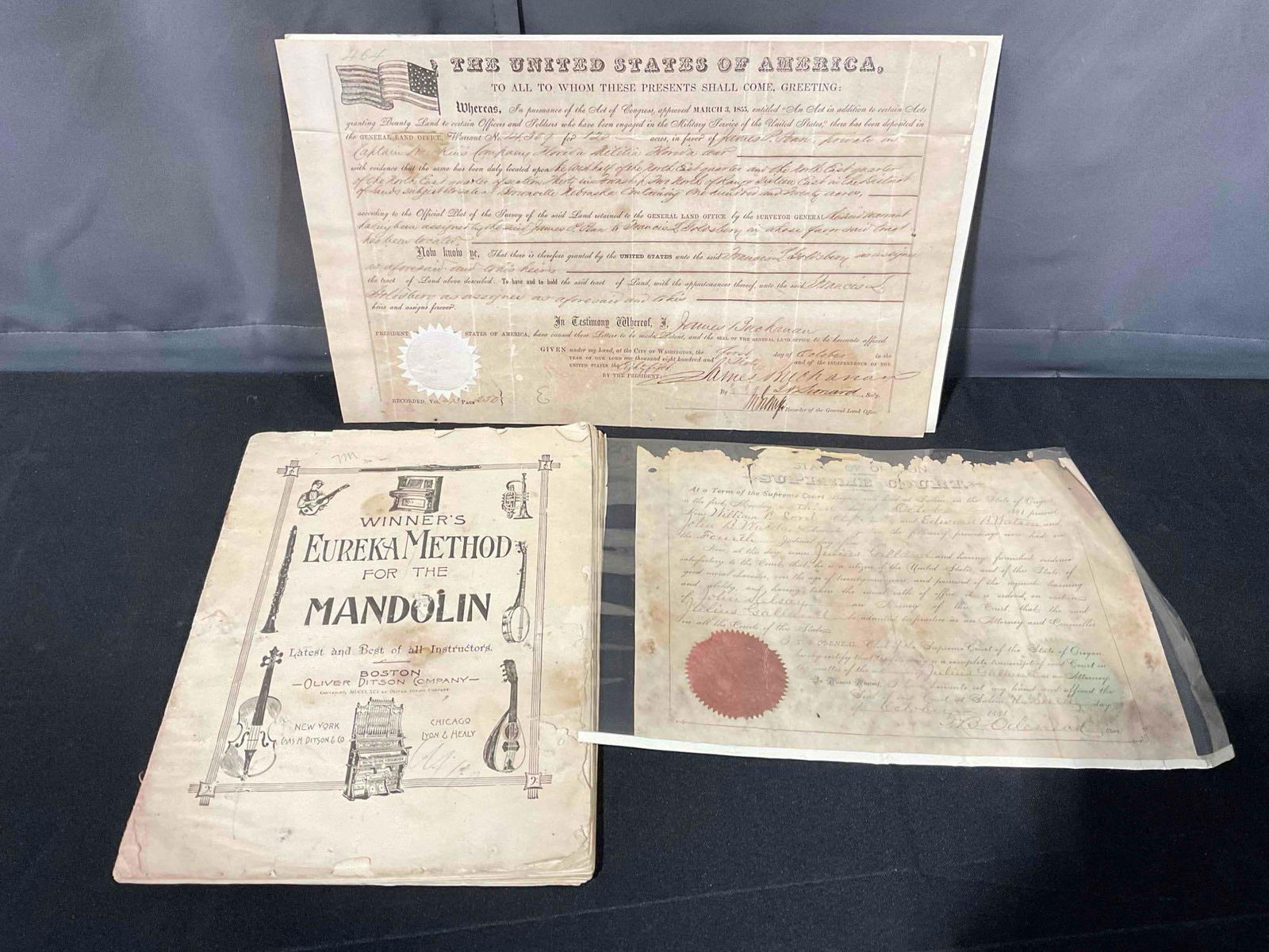 3 pcs Antique Paper Documentation Ephemera Collection, incl. Buchanan Land Grant & More!: 3 pcs Antique Paper Documentation Ephemera Collection, incl. Buchanan Land Grant & More! Pieces have wear indicative of age, mandolin music book is coming apart, condition is otherwise good.