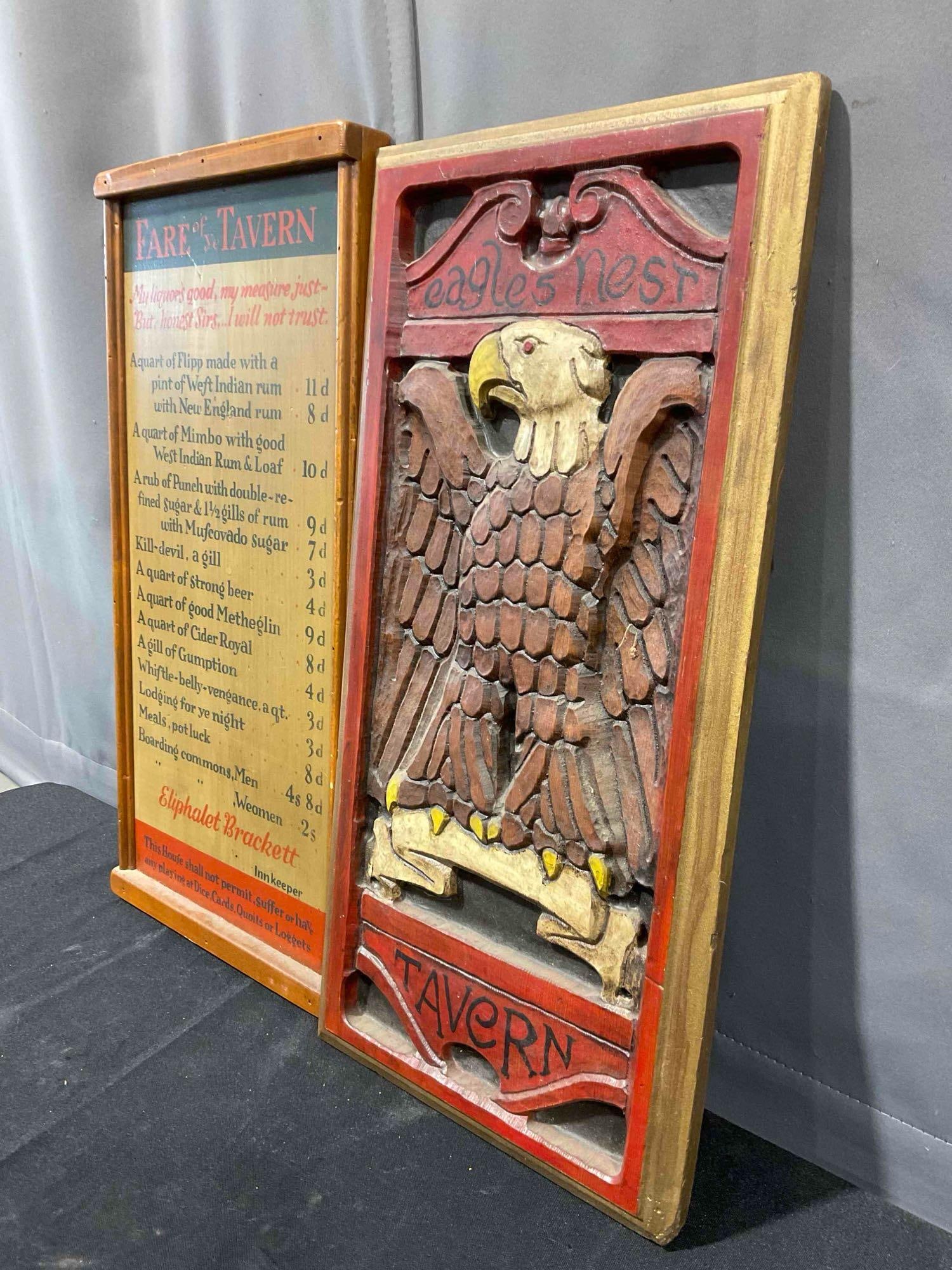 2 pcs Vintage Wooden Tavern Signs, incl. Eagle's Nest & Fare of Ye Tavern. Very Good Condition. - 2