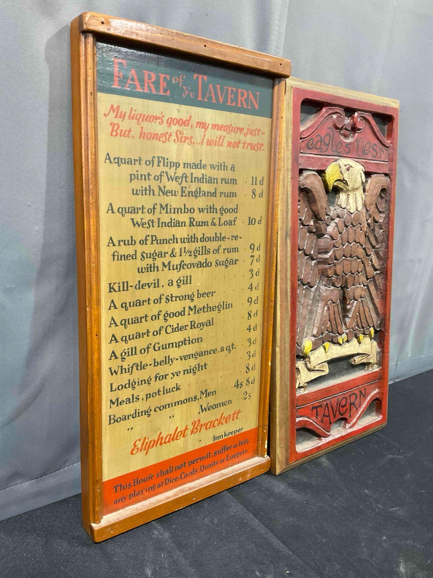 2 pcs Vintage Wooden Tavern Signs, incl. Eagle's Nest & Fare of Ye Tavern. Very Good Condition. - 3