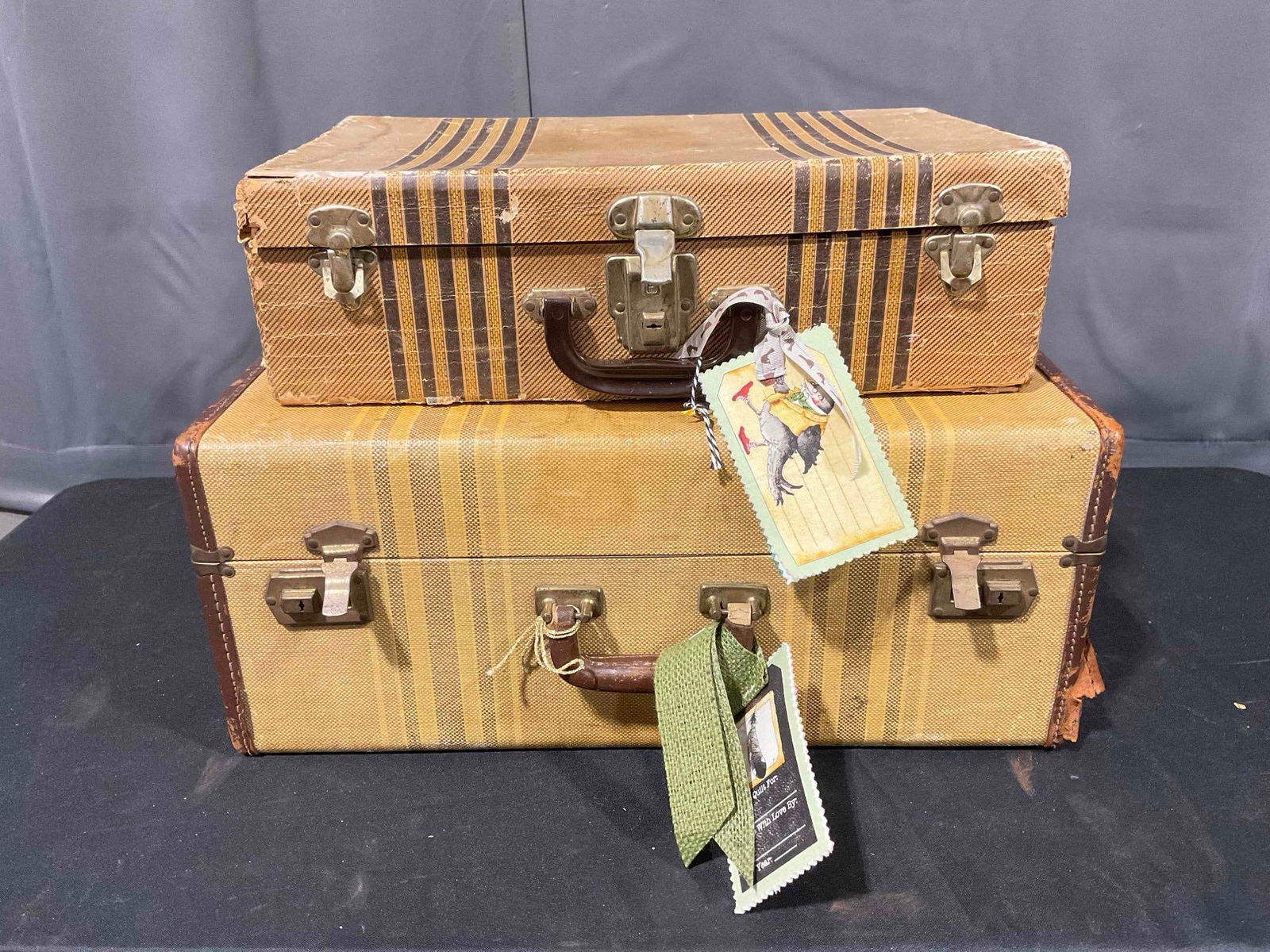 2 pcs Vintage Suitcases, incl. 1x Striped Tan & 1x Striped Brown. Good Condition. See pics. (1 of 8)