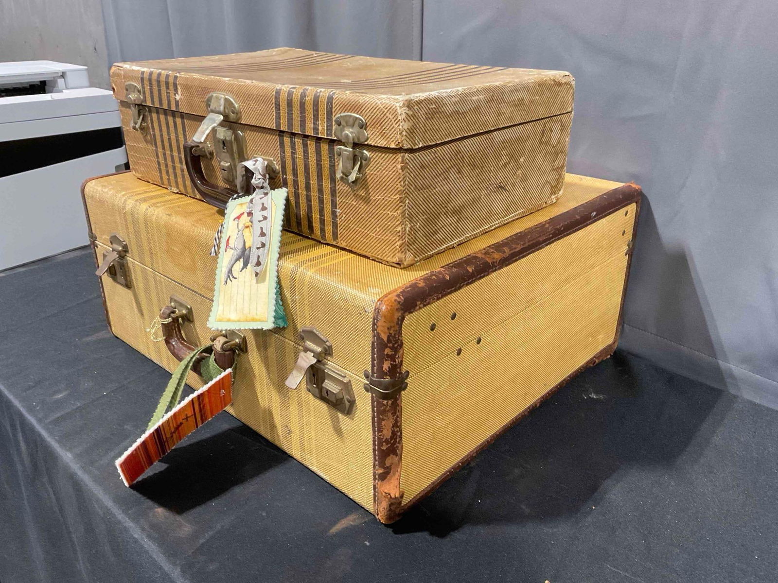 2 pcs Vintage Suitcases, incl. 1x Striped Tan & 1x Striped Brown. Good Condition. See pics. - 2