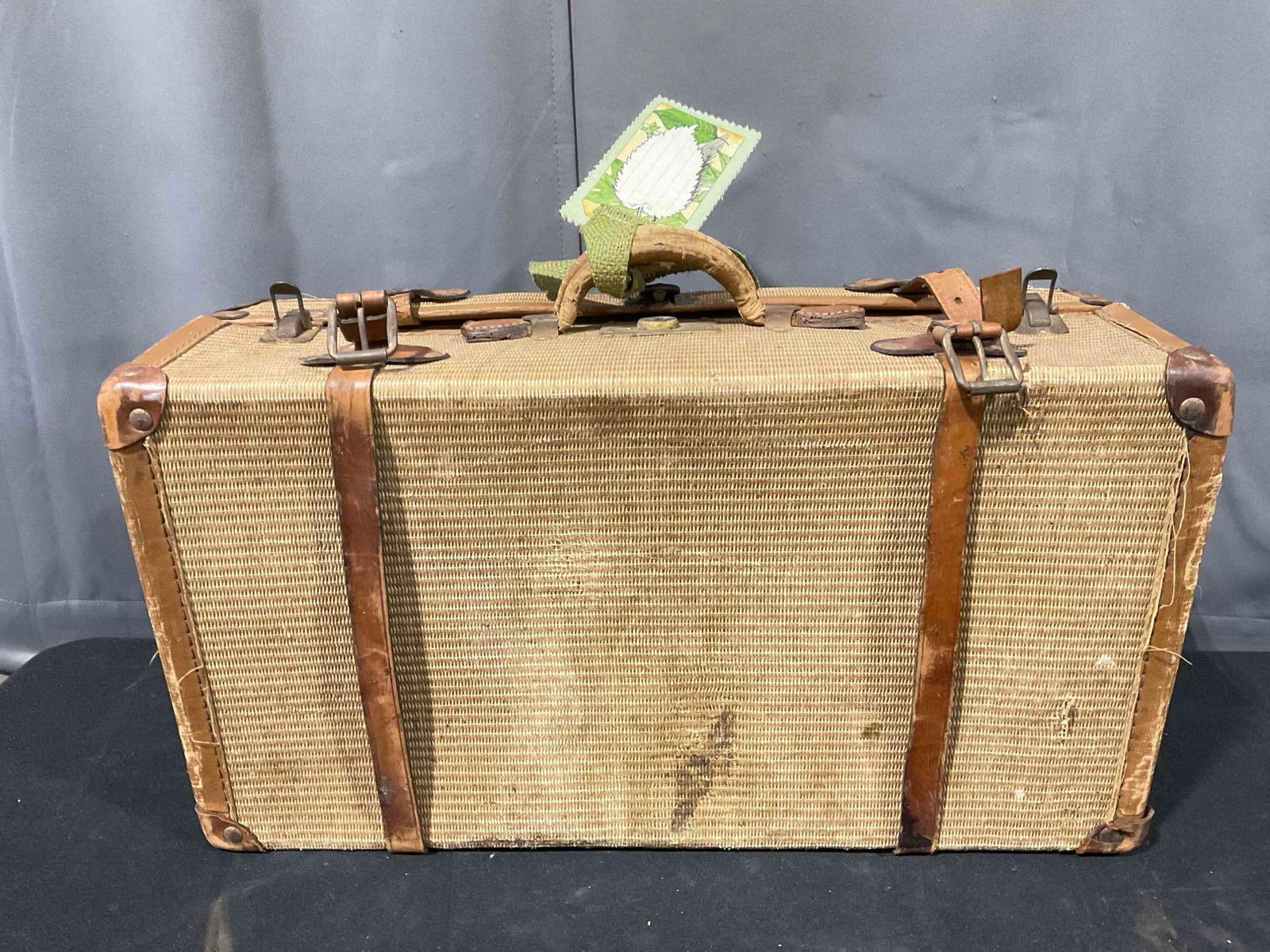 Vintage Brown Wicker Rattan? & Leather Suitcase. Good Condition. See pics. - 5