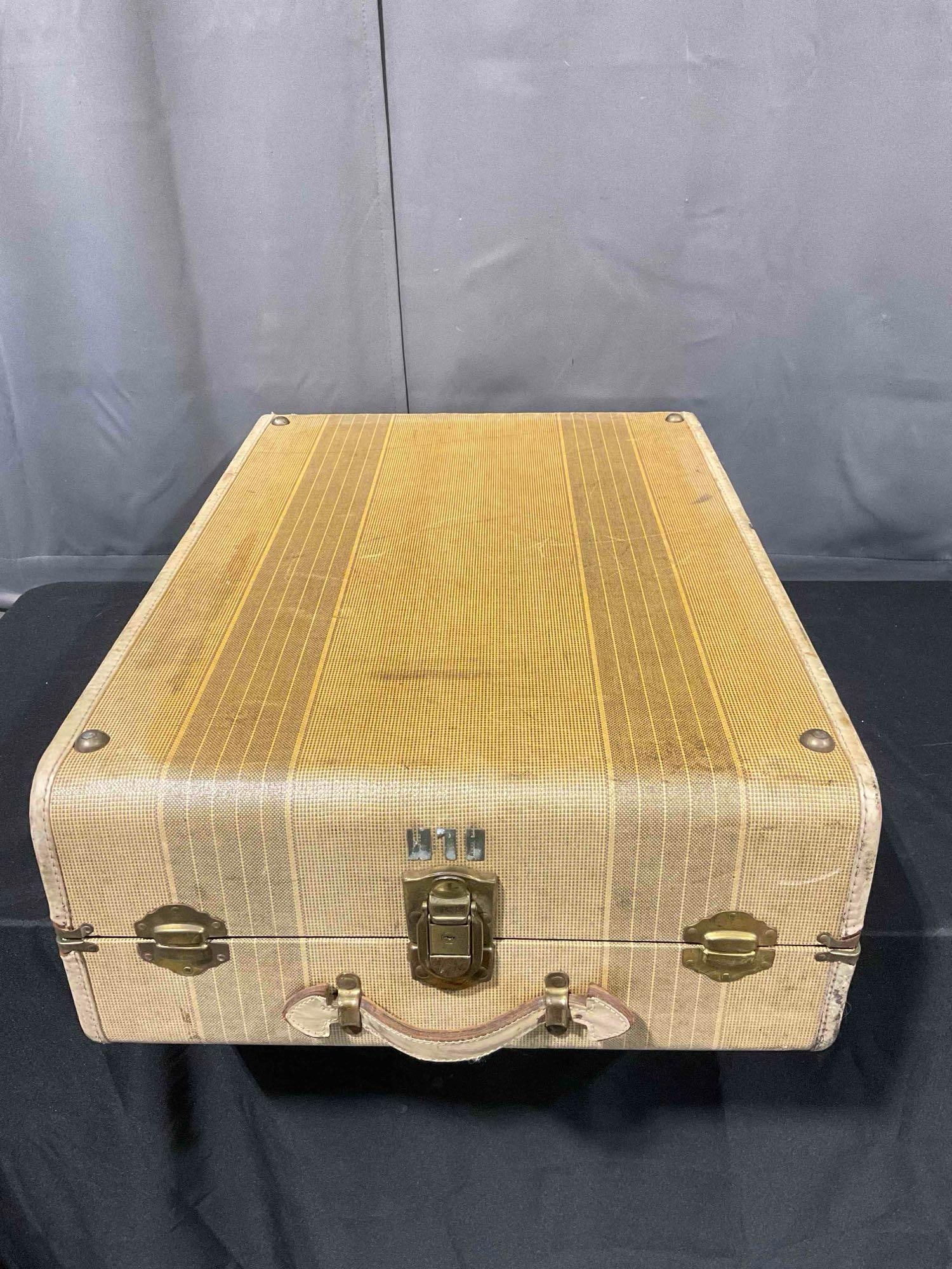 Vintage Tan Striped Suitcase w/ Rich Liver Color Interior & Hangers. Good Condition. See pics. - 2