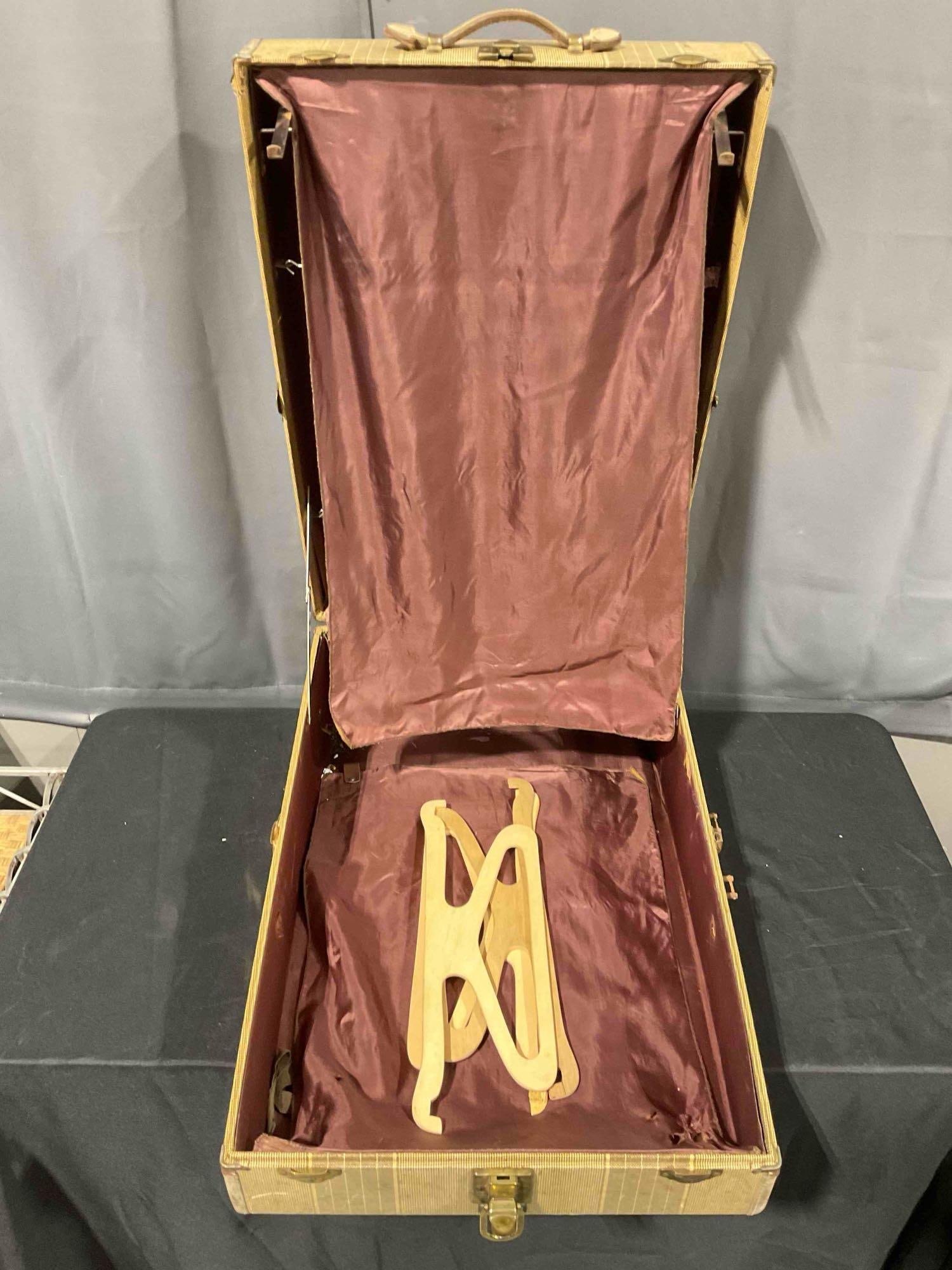 Vintage Tan Striped Suitcase w/ Rich Liver Color Interior & Hangers. Good Condition. See pics. - 3