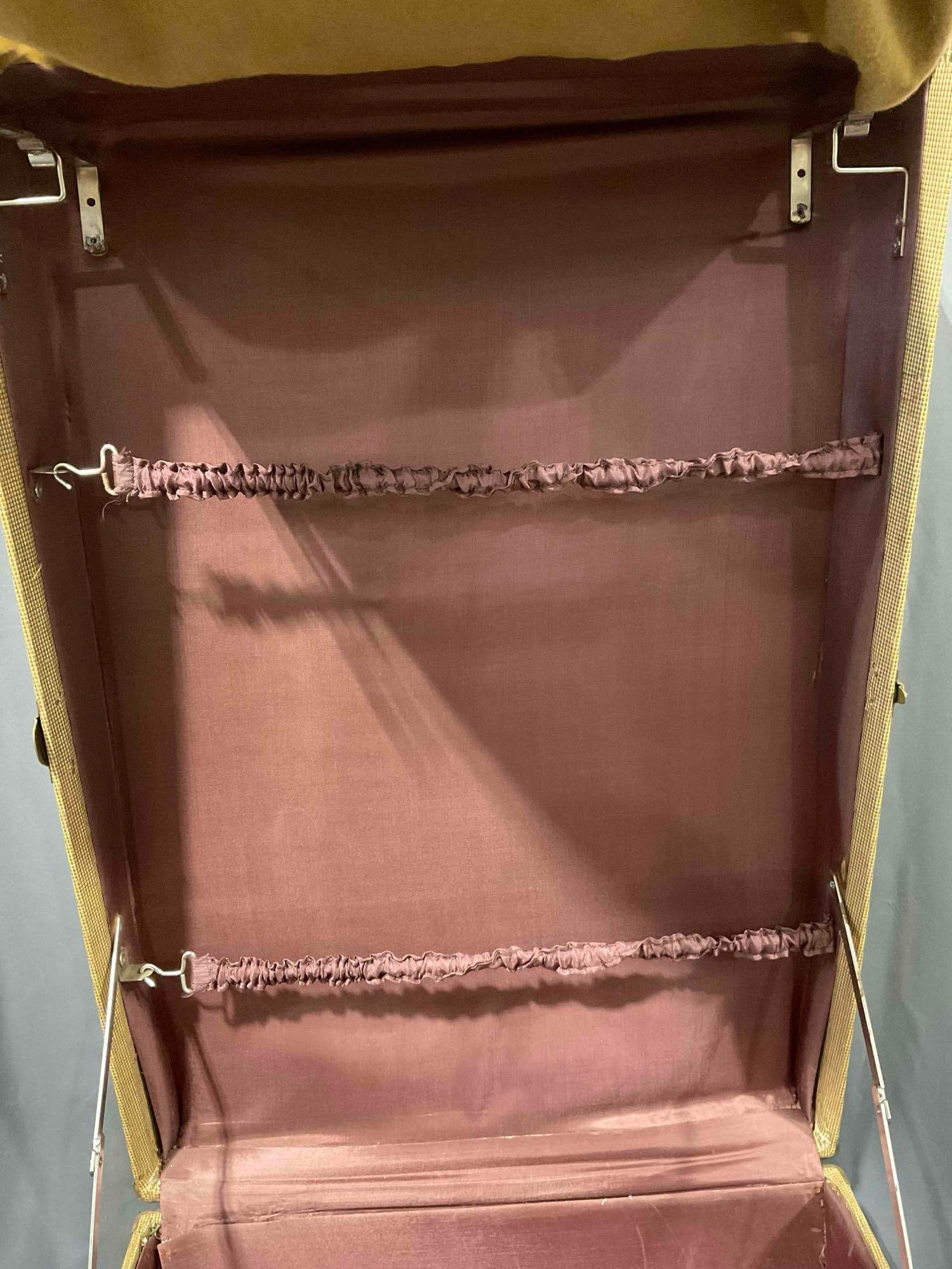 Vintage Tan Striped Suitcase w/ Rich Liver Color Interior & Hangers. Good Condition. See pics. - 6