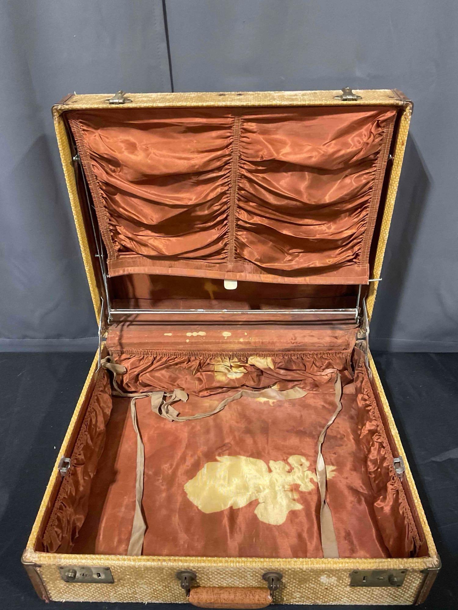 2 pcs Vintage Suitcases, 1x Brown Striped & 1x Woven Yellow w/ Lovely Brown Fabric Interior. - 7