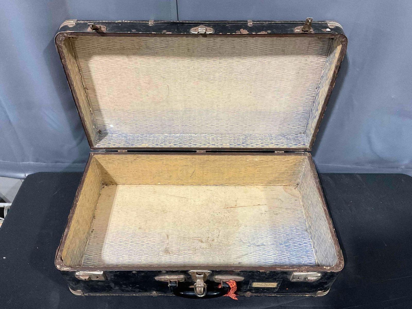 Vintage Black Metal Suitcase w/ Orange & Green Stripes. Good Condition. See pics. - 4