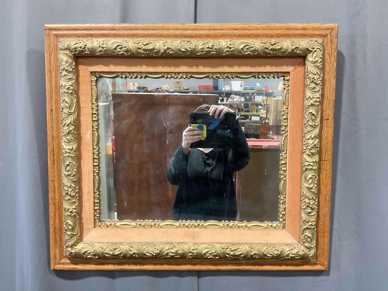 Antique? Wall Mirror in Gorgeous Gilt & Oak Wood Frame w/ Velvet Accent. Very Good Condition. (1 of 6)