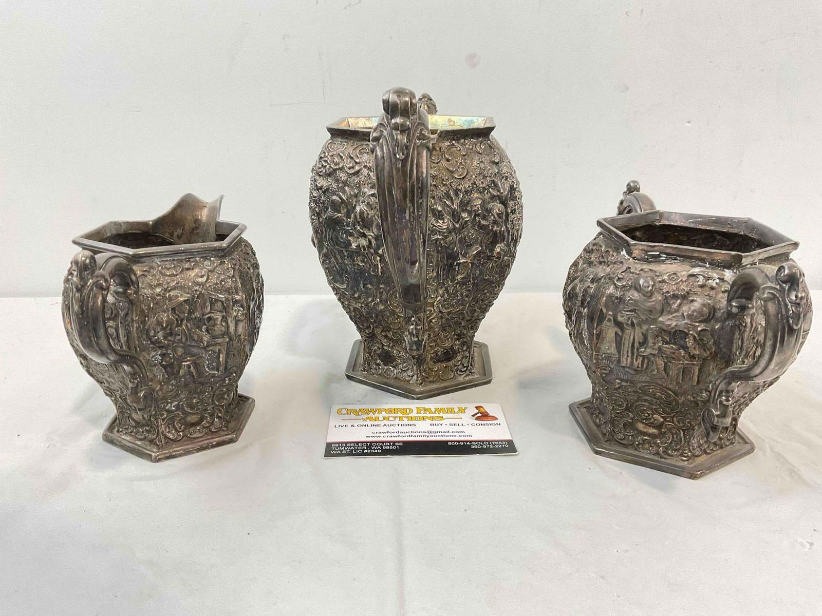 3 pcs Antique Barbour? Co. Dutch Inspired Silver Plated Tea Set. Very Good Condition. See pics. - 4