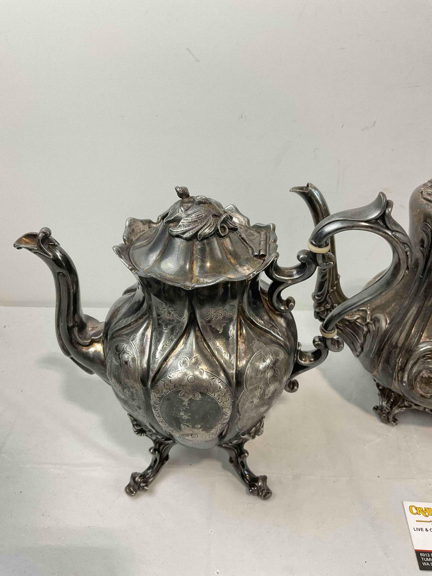 3 pcs Antique Silver Plated Tea Pots w/ Ornate Motifs, incl. Meriden Co., Roger's & Reed & Barton. - 2