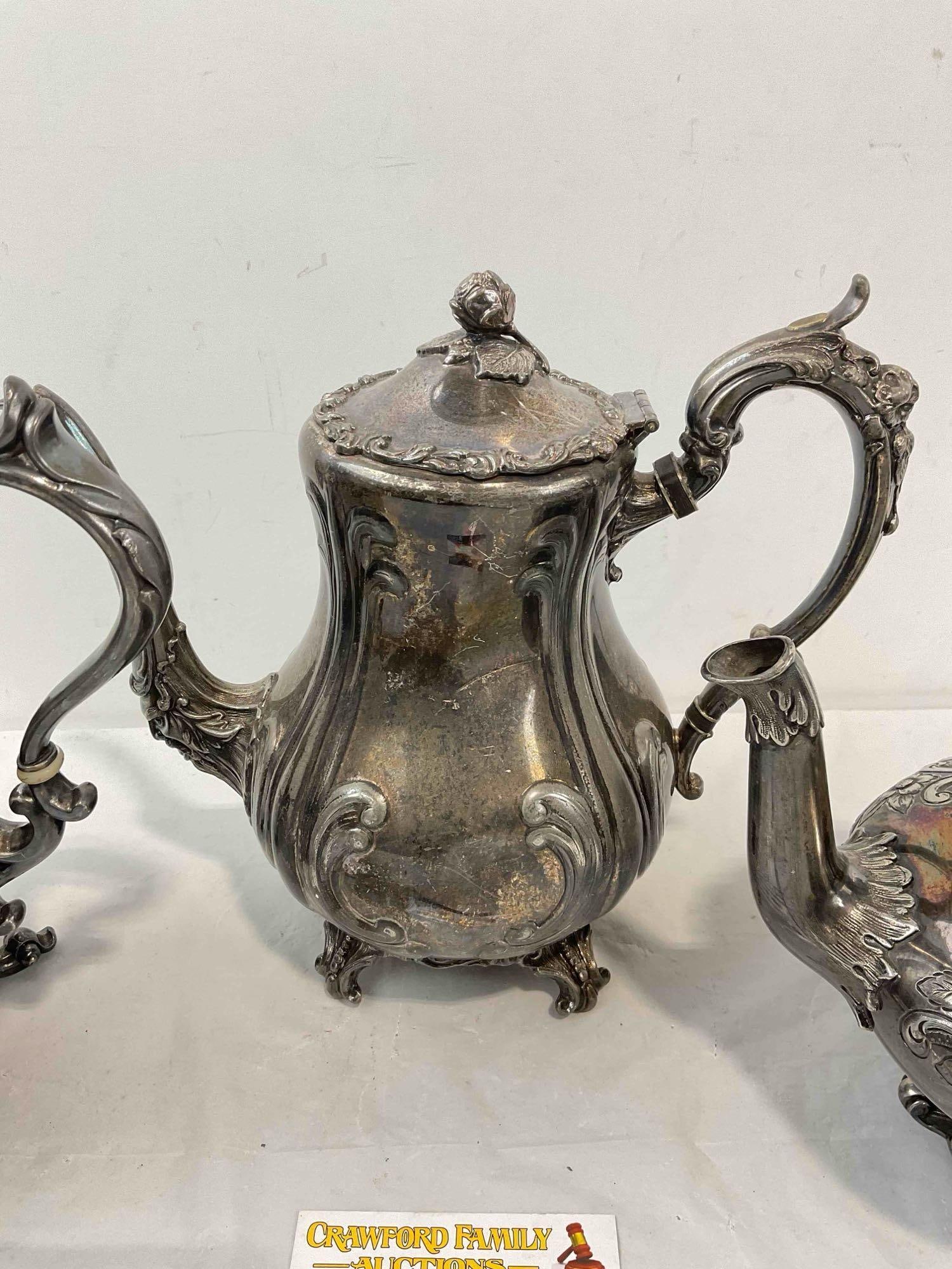 3 pcs Antique Silver Plated Tea Pots w/ Ornate Motifs, incl. Meriden Co., Roger's & Reed & Barton. - 3