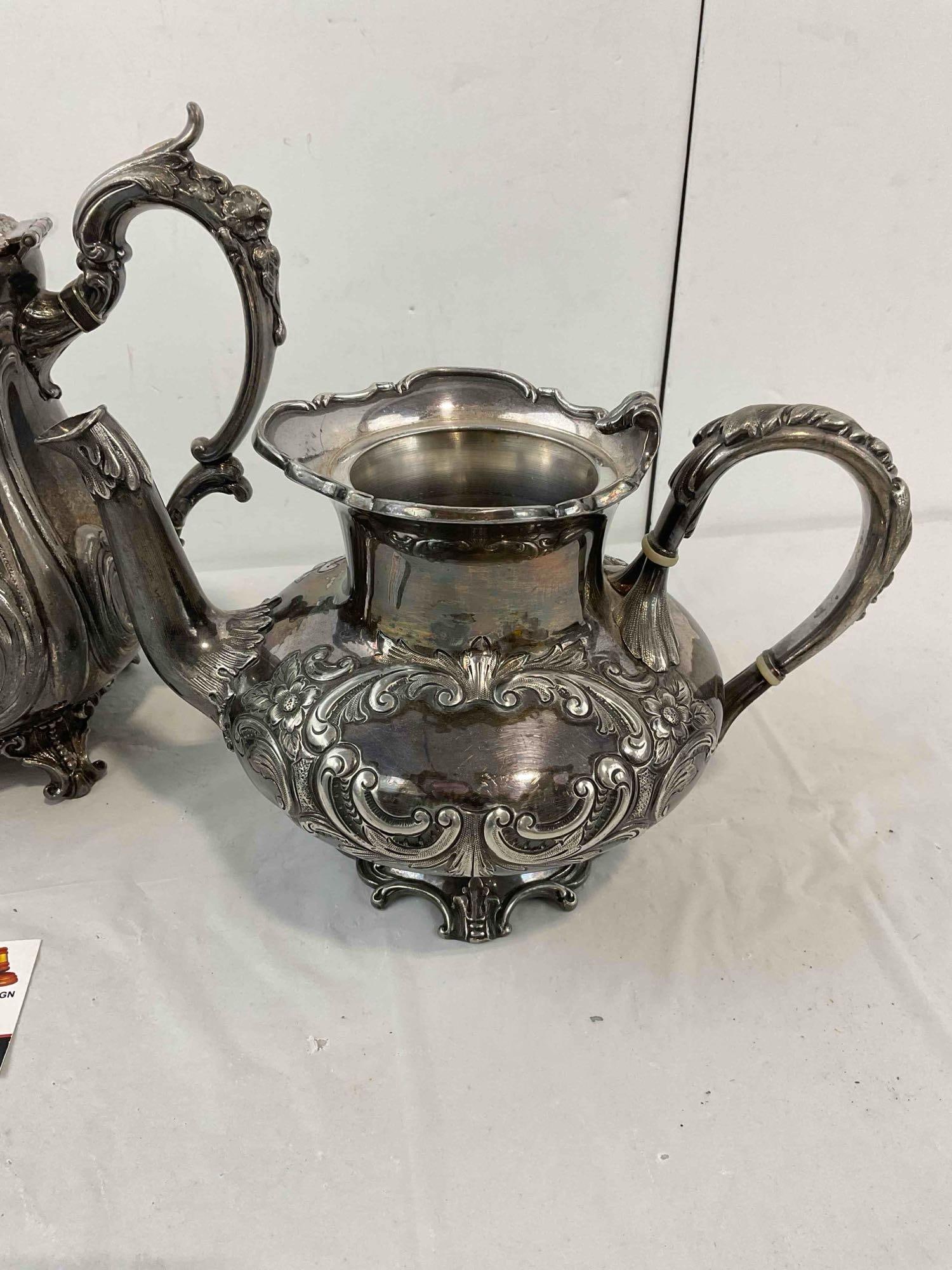 3 pcs Antique Silver Plated Tea Pots w/ Ornate Motifs, incl. Meriden Co., Roger's & Reed & Barton. - 4