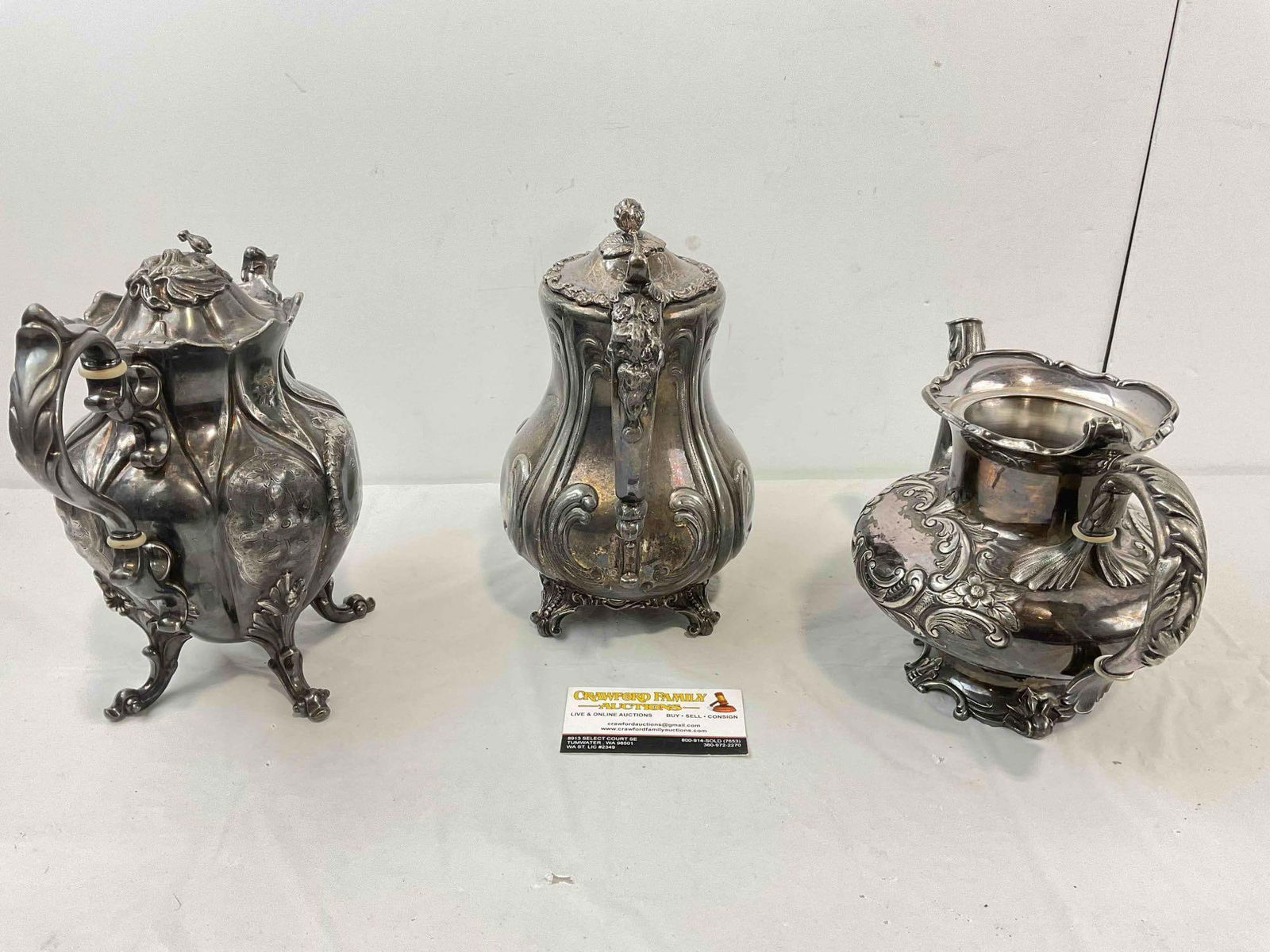 3 pcs Antique Silver Plated Tea Pots w/ Ornate Motifs, incl. Meriden Co., Roger's & Reed & Barton. - 7