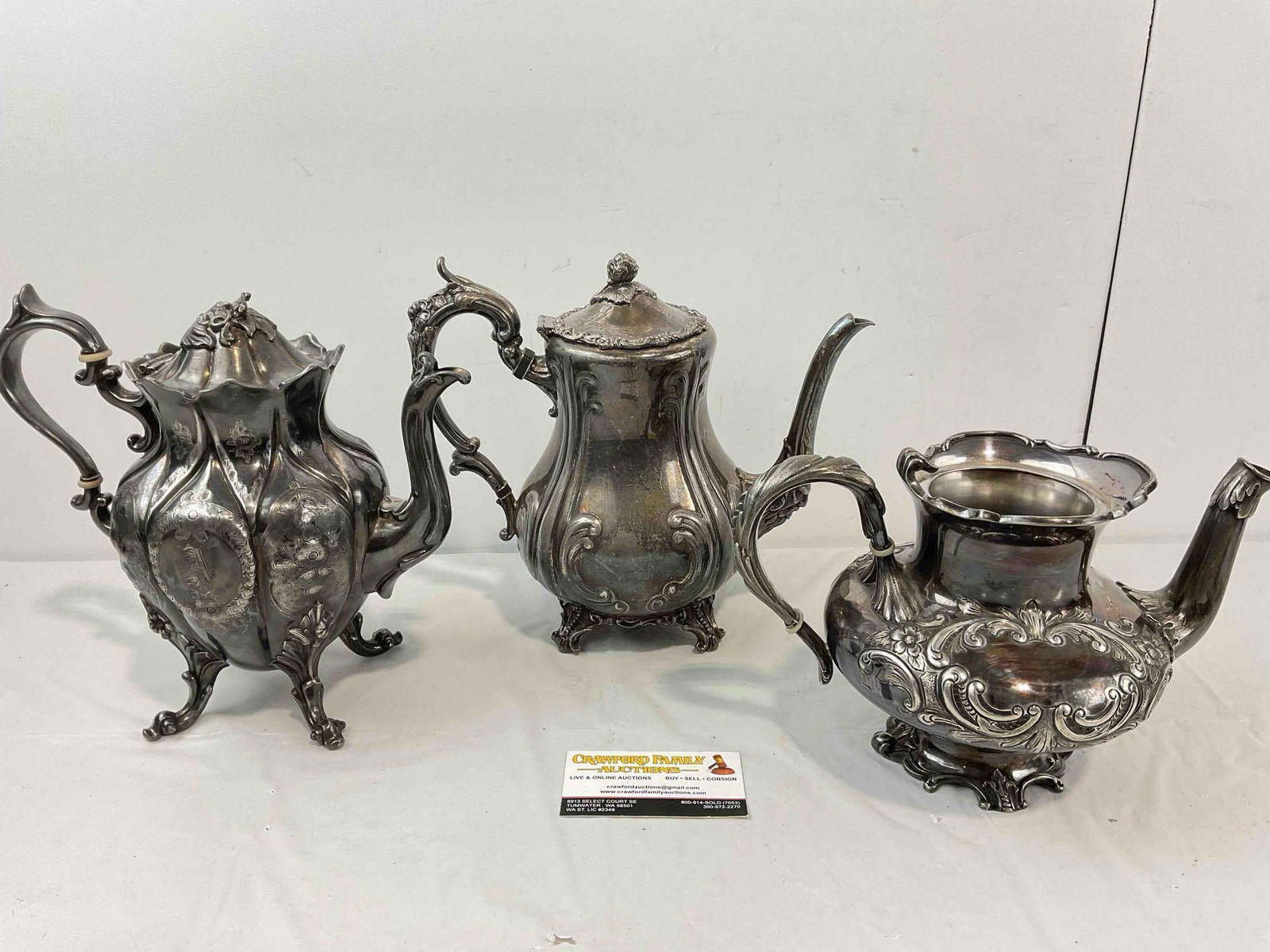3 pcs Antique Silver Plated Tea Pots w/ Ornate Motifs, incl. Meriden Co., Roger's & Reed & Barton. - 8