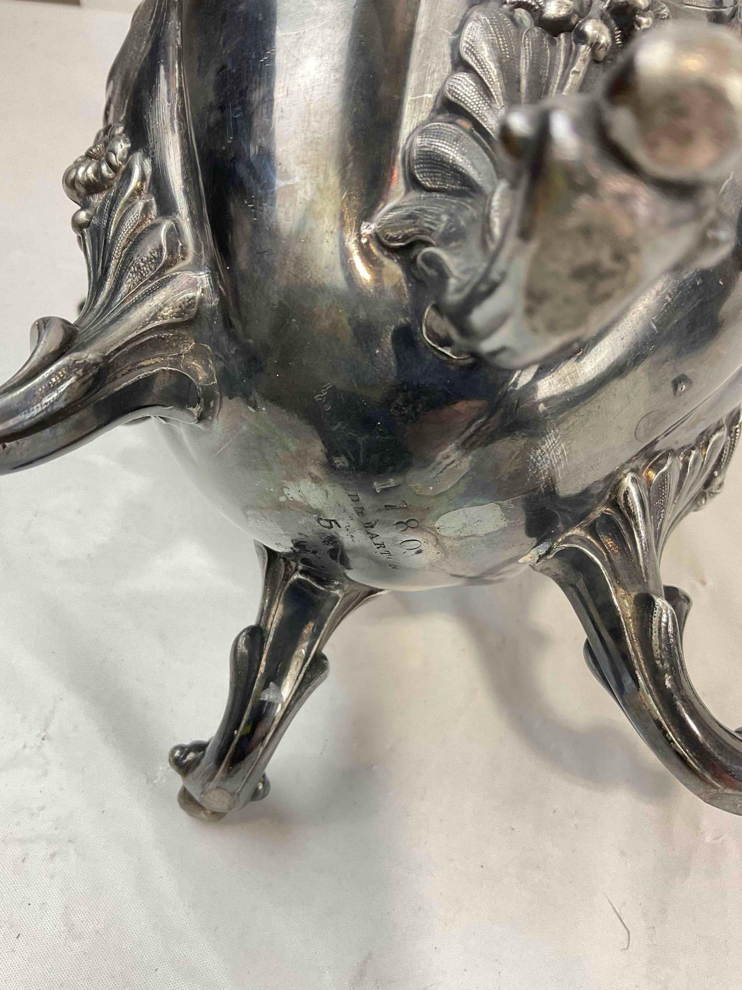 3 pcs Antique Silver Plated Tea Pots w/ Ornate Motifs, incl. Meriden Co., Roger's & Reed & Barton. - 9