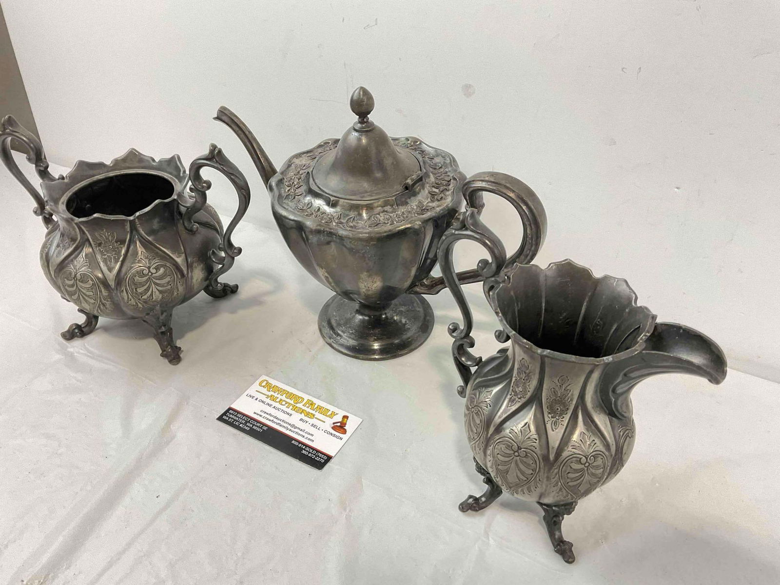 3 pcs Antique Silver Plated Tea Set w/ Floral Petal Pattern. Very Good Condition. See pics. - 2