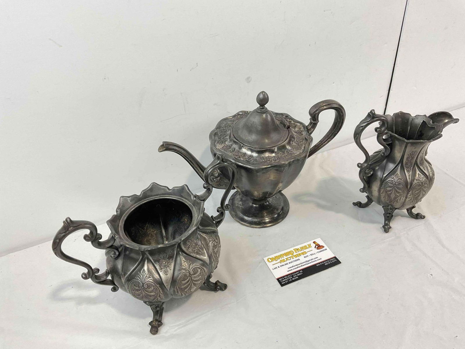 3 pcs Antique Silver Plated Tea Set w/ Floral Petal Pattern. Very Good Condition. See pics. - 3