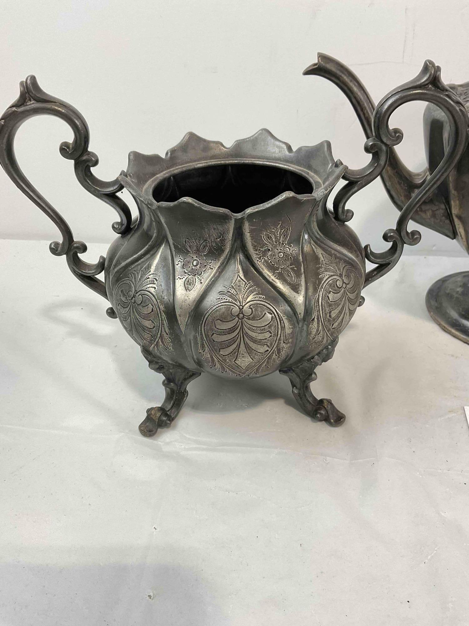 3 pcs Antique Silver Plated Tea Set w/ Floral Petal Pattern. Very Good Condition. See pics. - 4