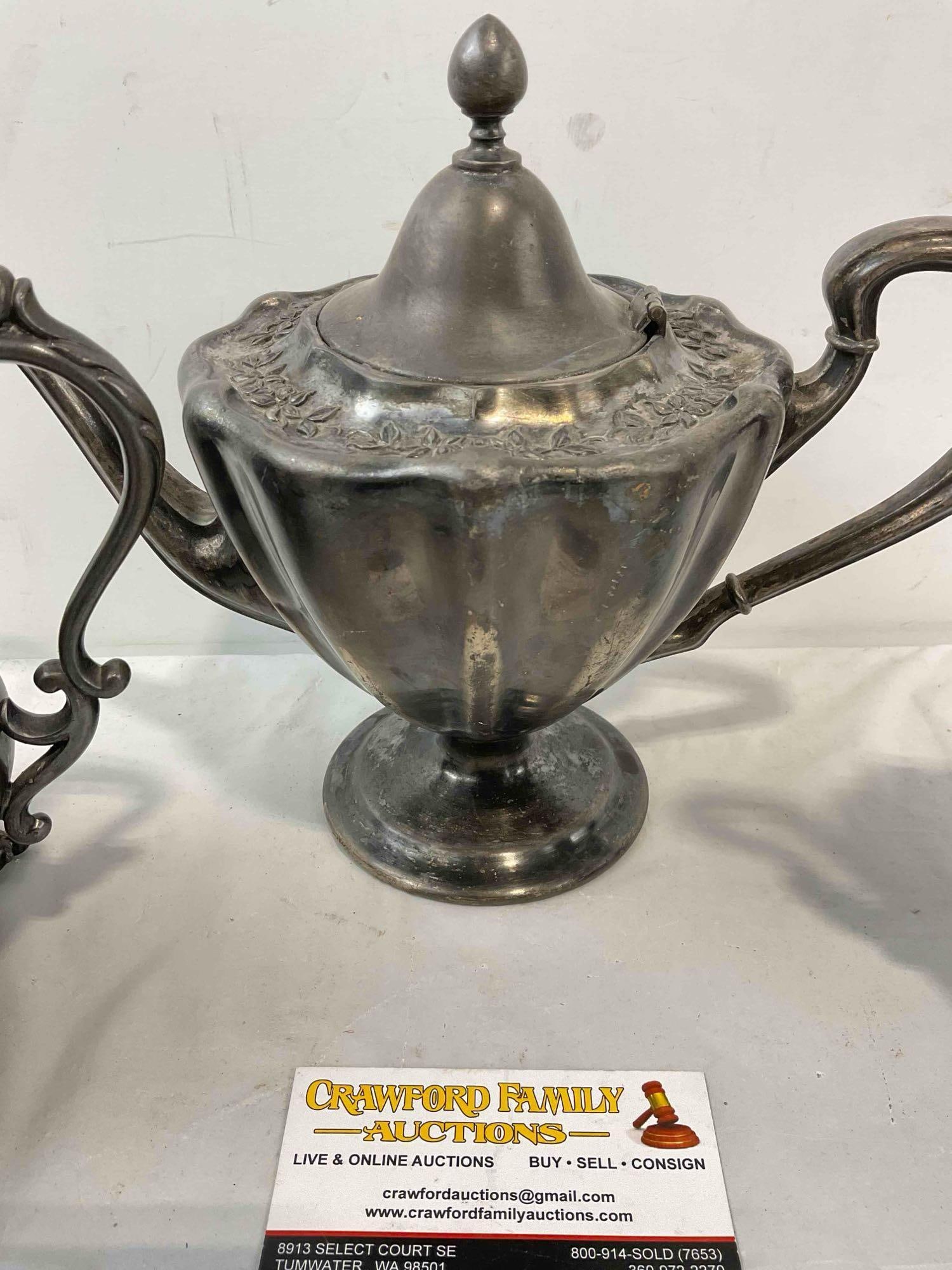 3 pcs Antique Silver Plated Tea Set w/ Floral Petal Pattern. Very Good Condition. See pics. - 5