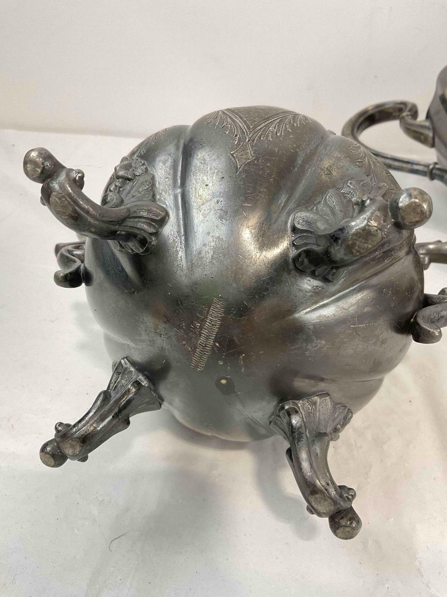 3 pcs Antique Silver Plated Tea Set w/ Floral Petal Pattern. Very Good Condition. See pics. - 9