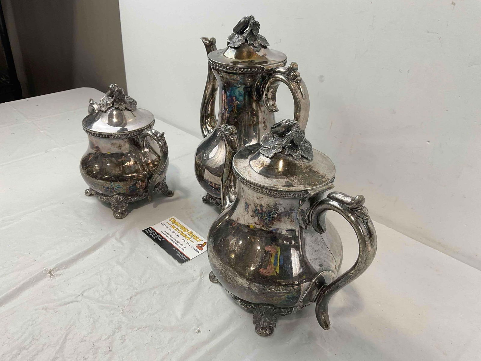 3 pcs Vintage Silver Plated Tea Set w/ Ornate Botanical Finial. Very Good Condition. See pics. - 3