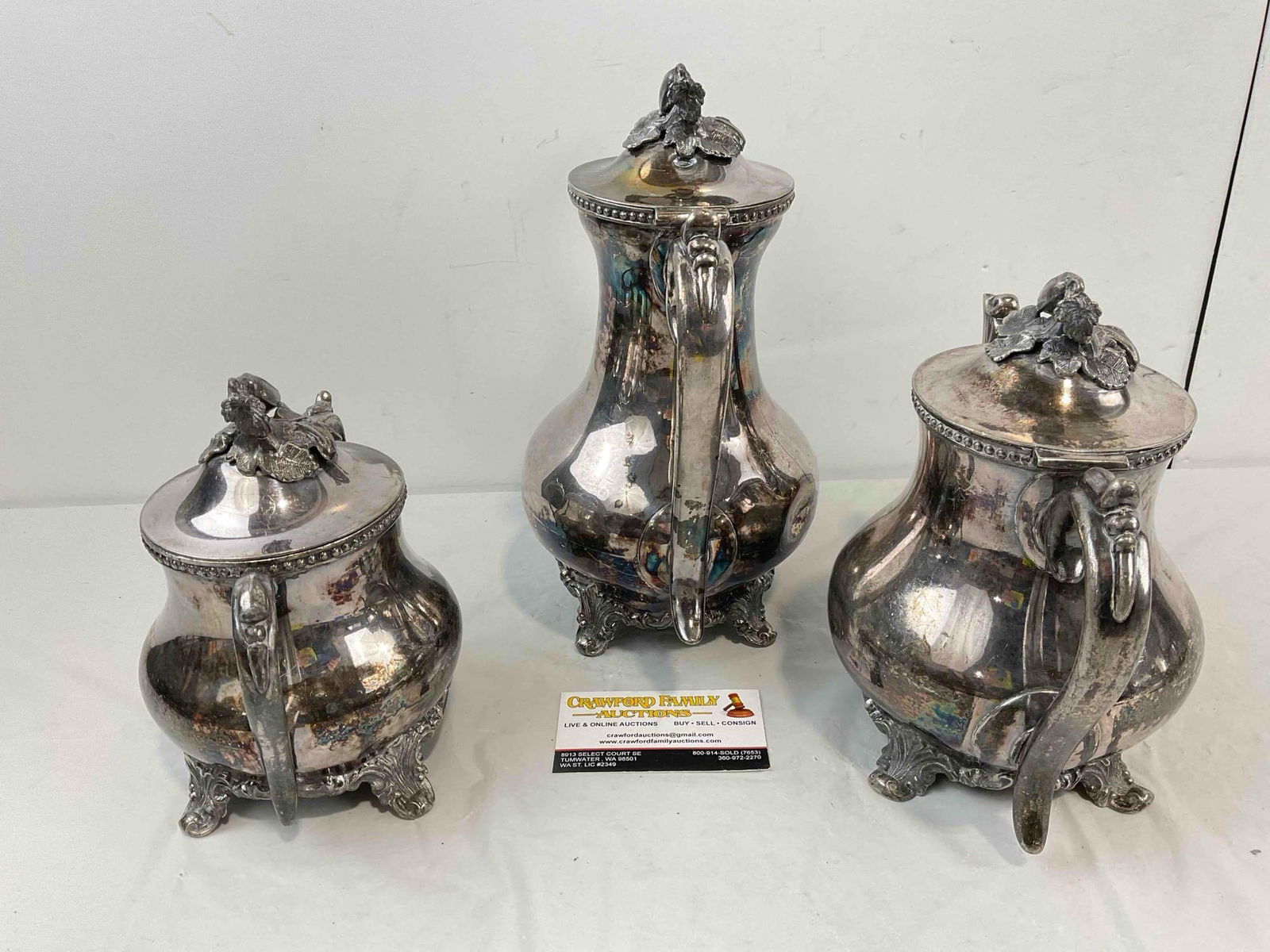 3 pcs Vintage Silver Plated Tea Set w/ Ornate Botanical Finial. Very Good Condition. See pics. - 4