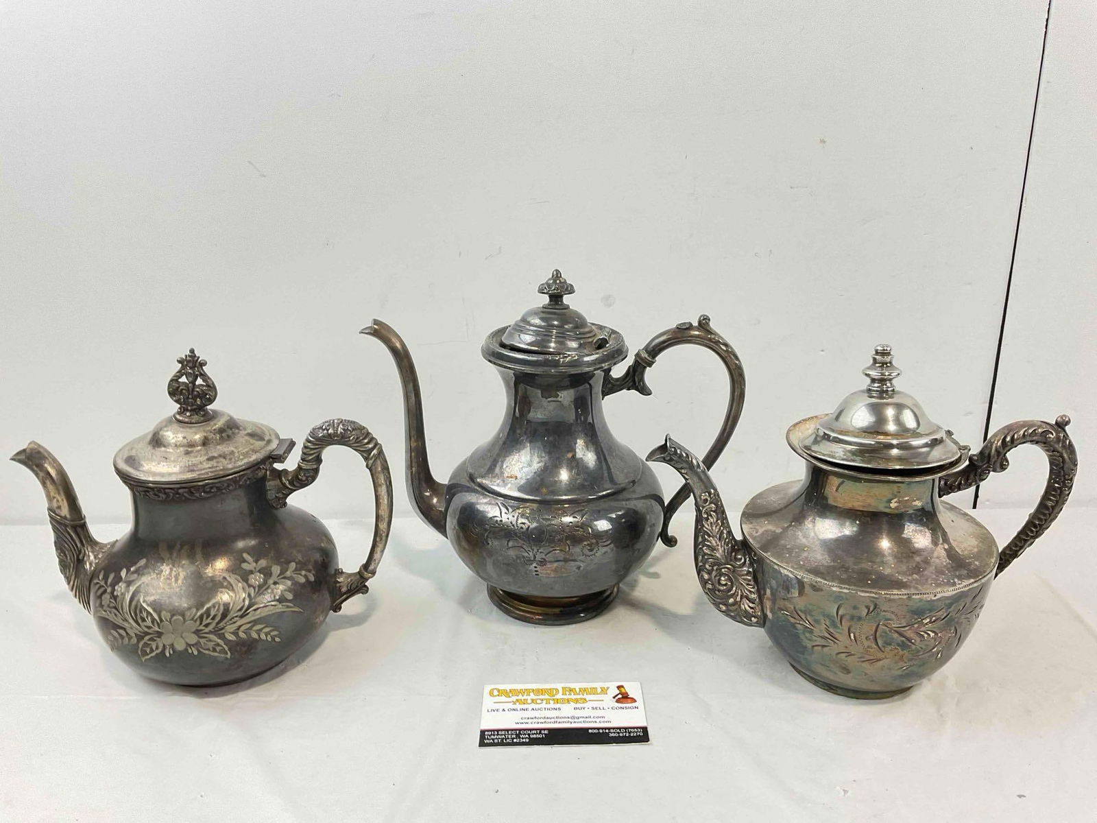 3 pcs Vintage Silver Plated Teapots, incl. Homan, Essay & Colonial Co. Good Condition. (1 of 10)