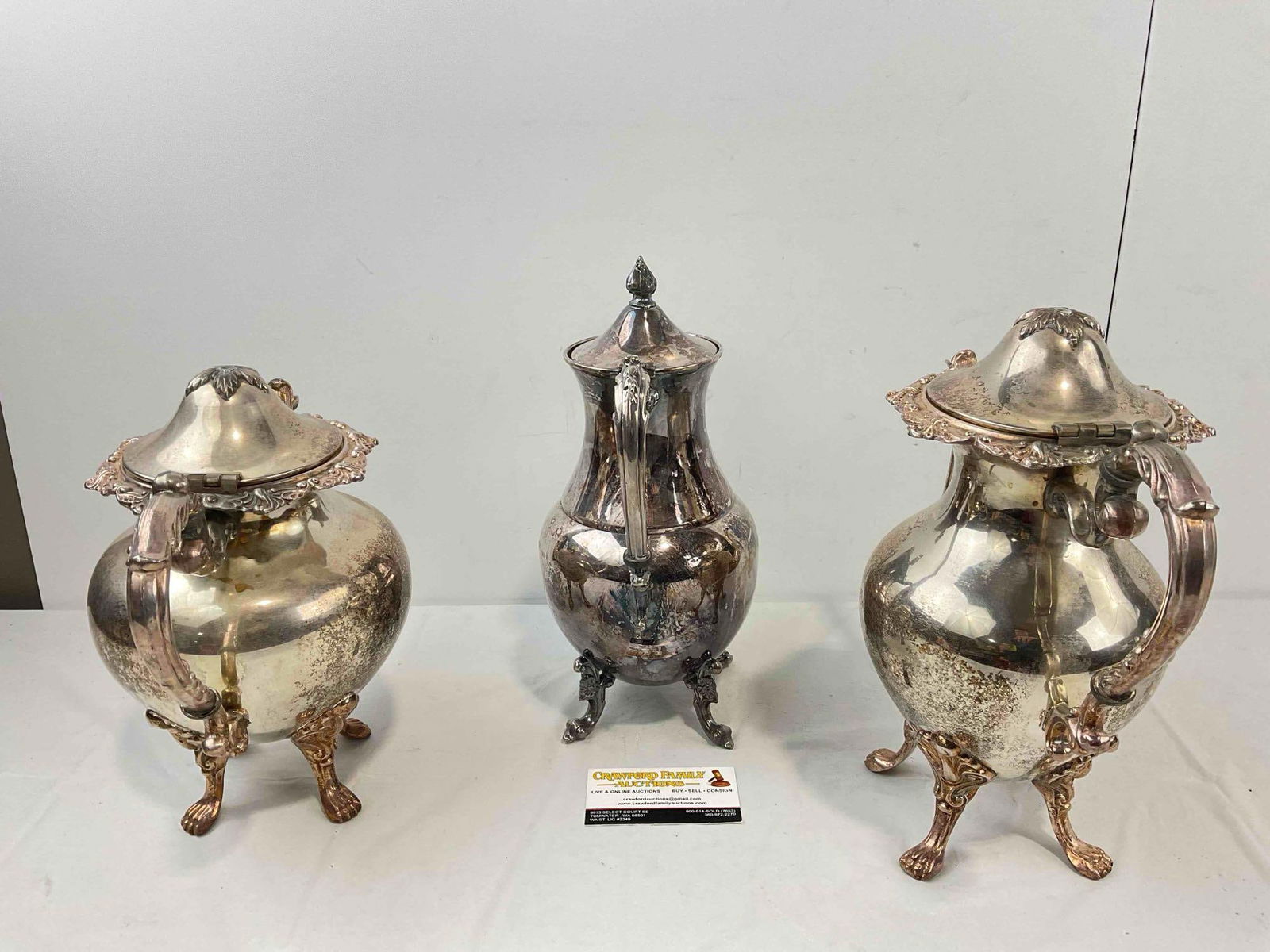 3 pcs Vintage Silver Plate Tea Pots, incl. 2x Silver on Copper Pieces. Very Good Condition. - 7