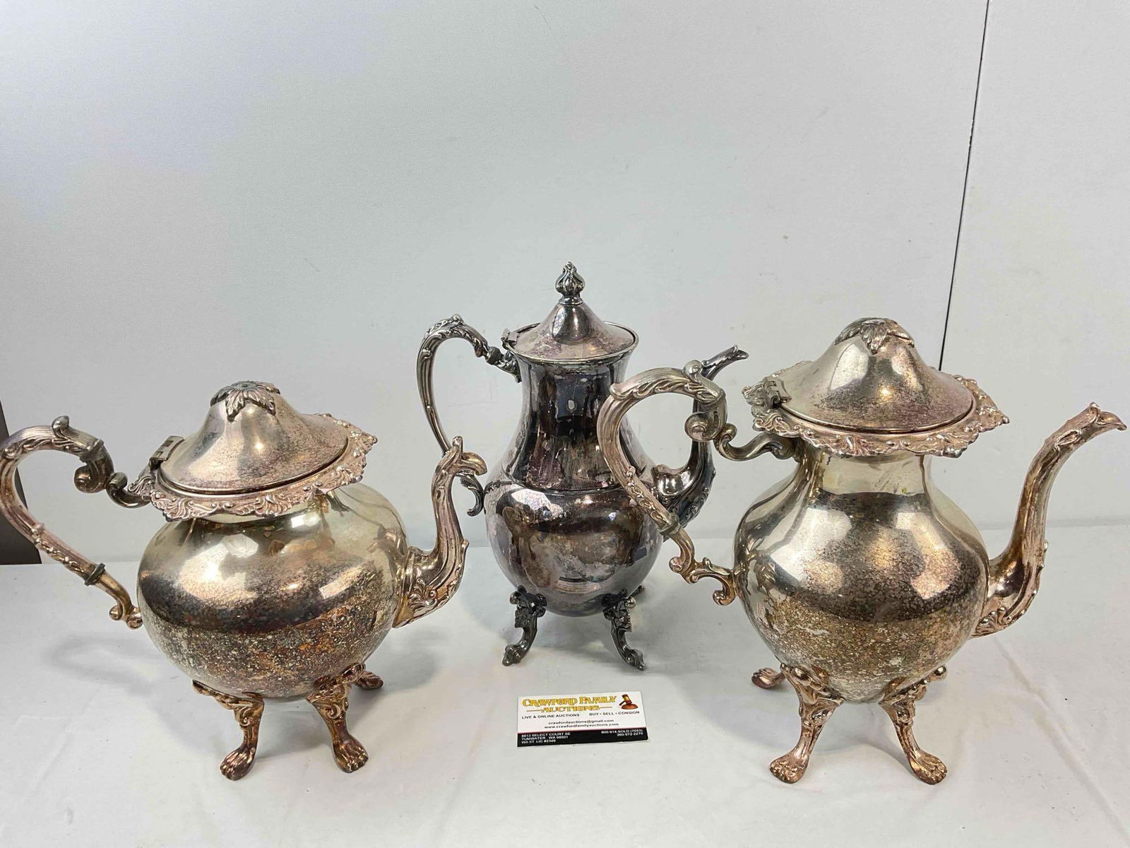 3 pcs Vintage Silver Plate Tea Pots, incl. 2x Silver on Copper Pieces. Very Good Condition. - 8