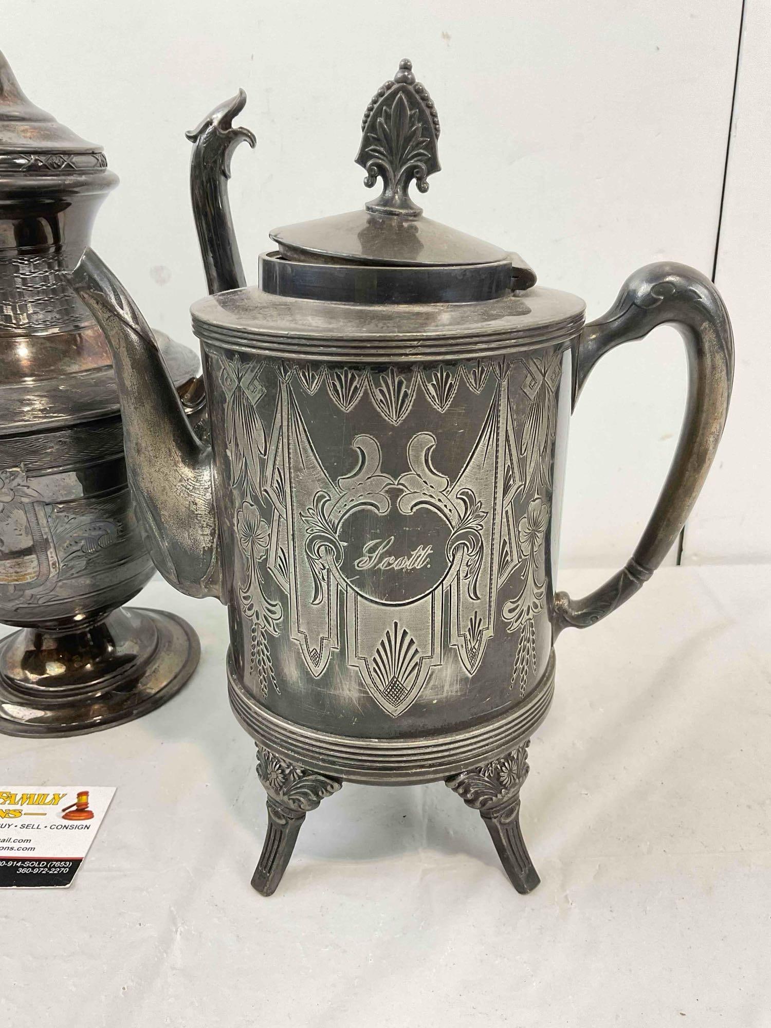 3 pcs Vintage Silver Plated Tea Pots, incl. 1x Brooklyn & 1x Aurora? Co. Very Good Condition. - 2