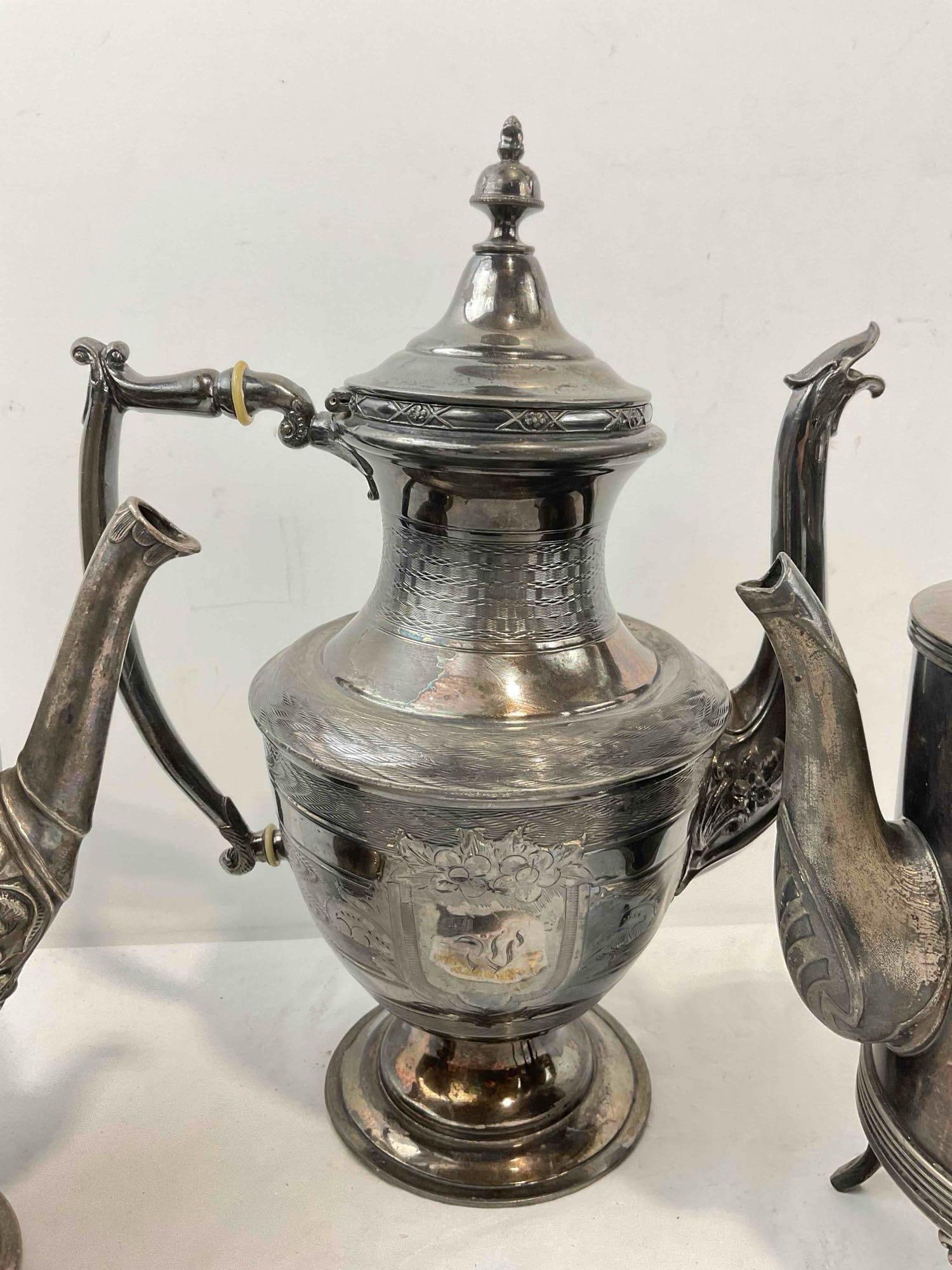 3 pcs Vintage Silver Plated Tea Pots, incl. 1x Brooklyn & 1x Aurora? Co. Very Good Condition. - 4