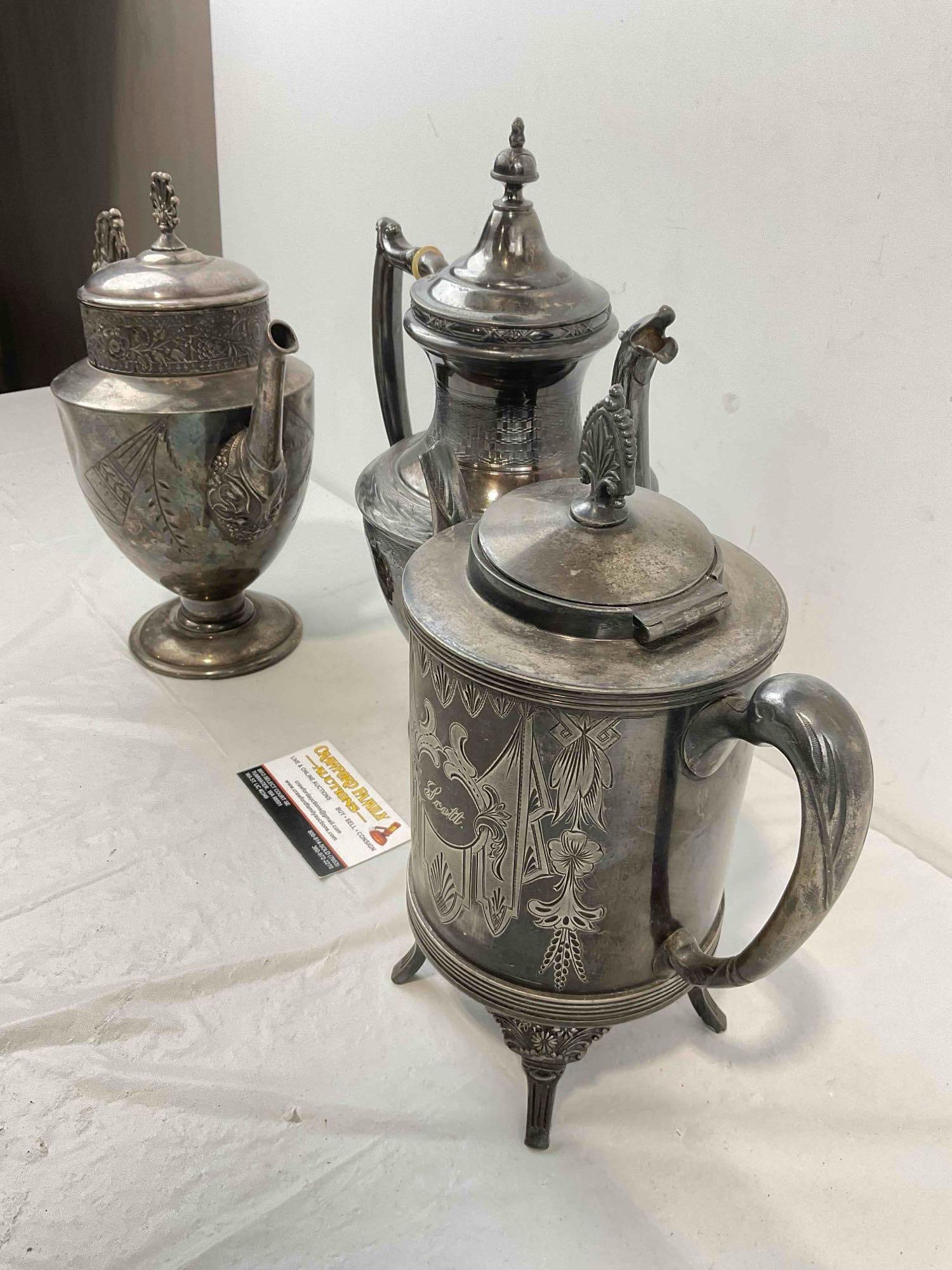 3 pcs Vintage Silver Plated Tea Pots, incl. 1x Brooklyn & 1x Aurora? Co. Very Good Condition. - 5