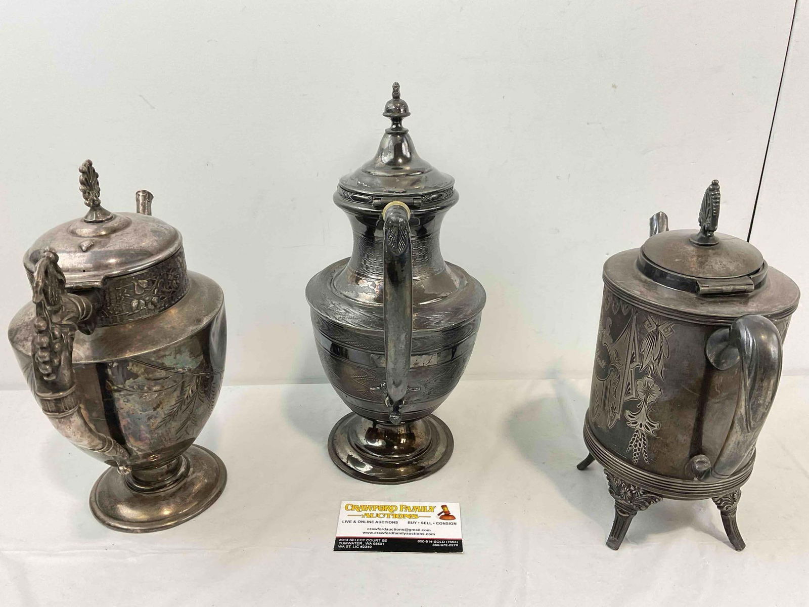 3 pcs Vintage Silver Plated Tea Pots, incl. 1x Brooklyn & 1x Aurora? Co. Very Good Condition. - 7