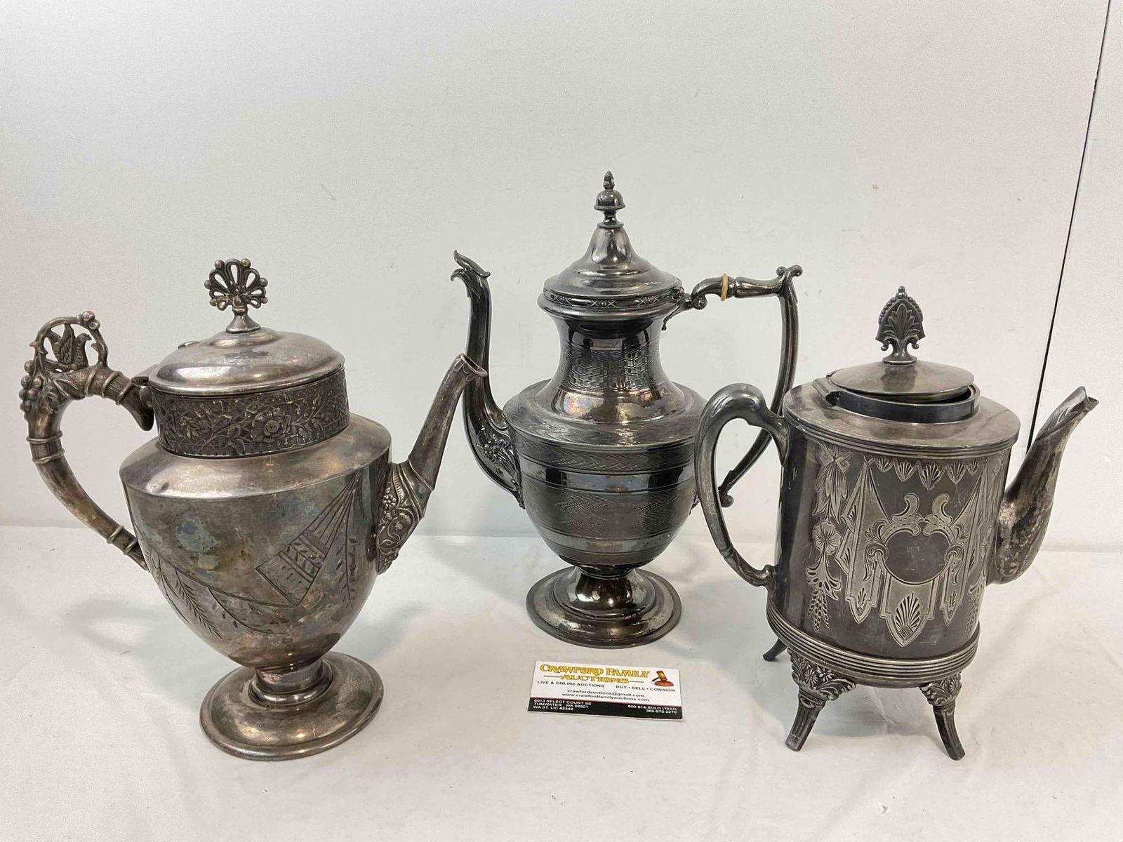 3 pcs Vintage Silver Plated Tea Pots, incl. 1x Brooklyn & 1x Aurora? Co. Very Good Condition. - 8