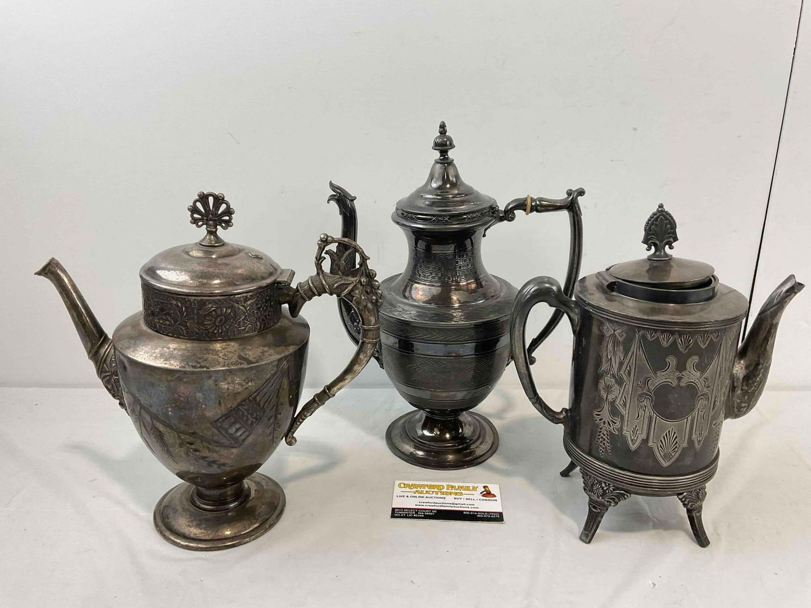 3 pcs Vintage Silver Plated Tea Pots, incl. 1x Brooklyn & 1x Aurora? Co. Very Good Condition. - 9