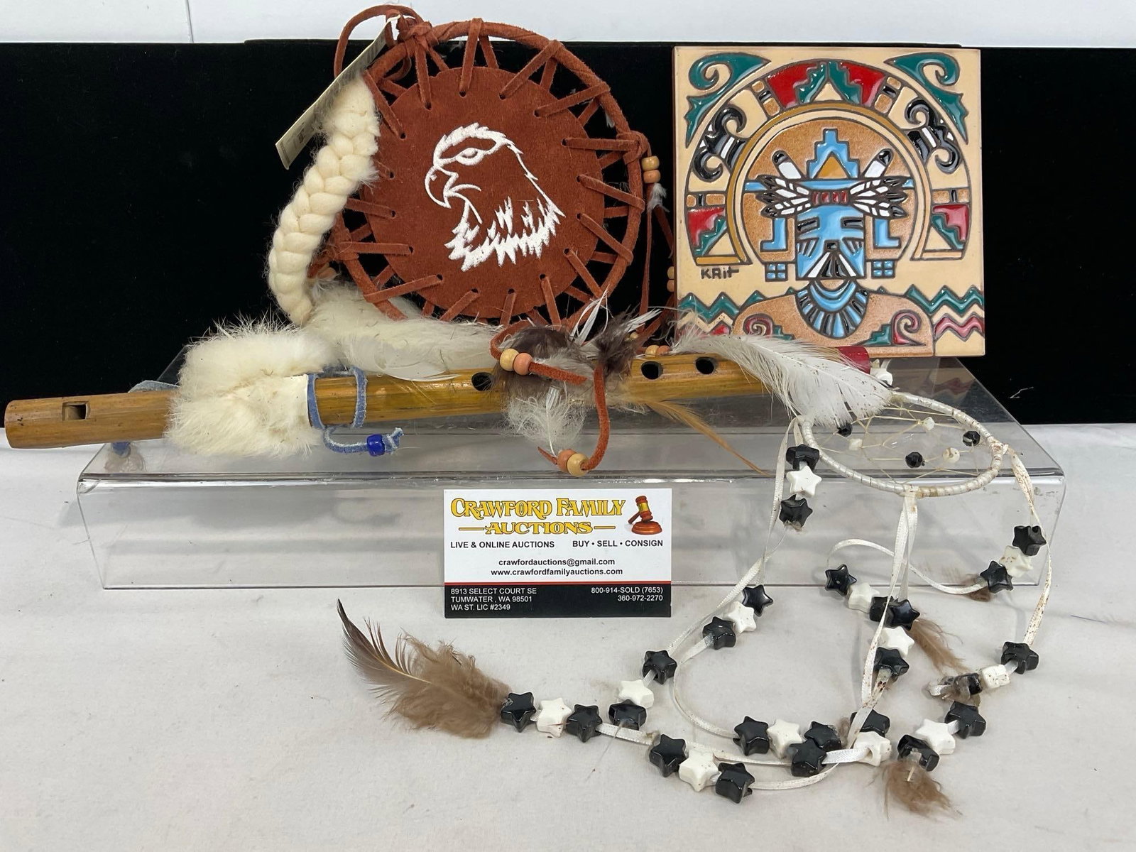 Handpainted Kachina Tile, Leather & Plastic Dreamcatchers, & Native style Flute: Appears to be in good shape. The pieces together fit in a box that measures approx 5h x 13w x 13d inches. See pics. E-5300 