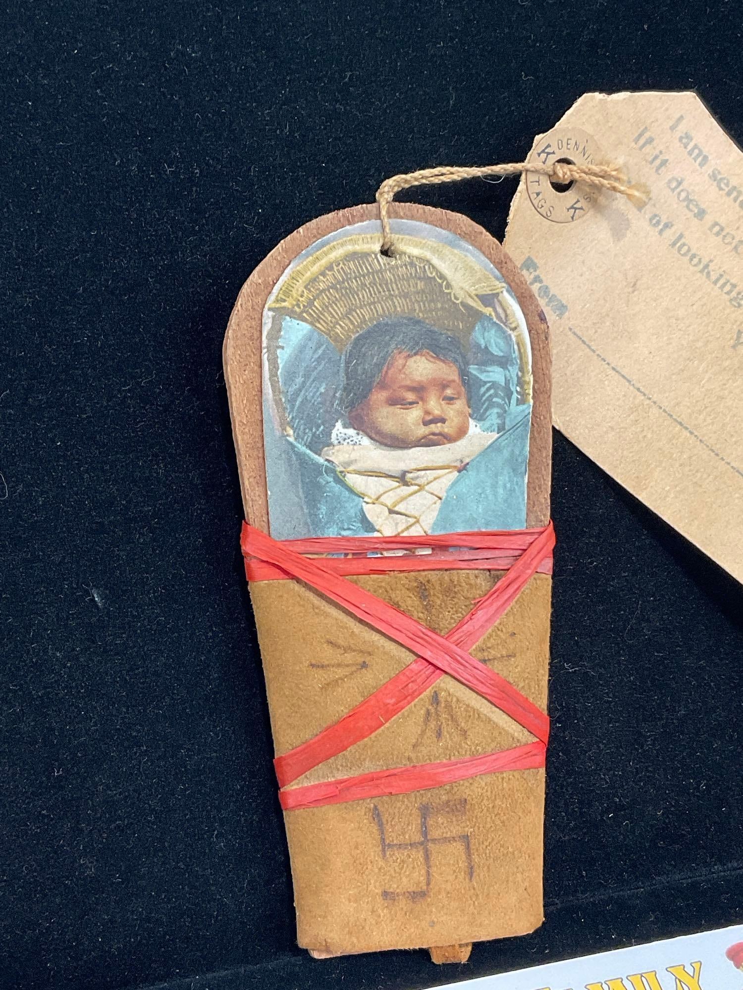 Early 20th Century Native American Papoose Postcard novelty item, 5h x 3w x 3d inches w/ Tag on it - 2