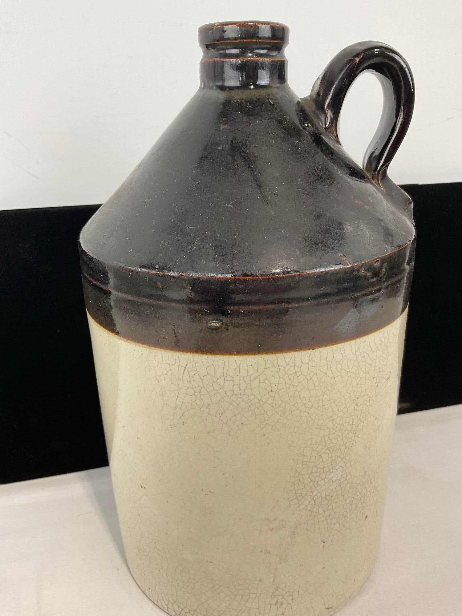 Antique Black & Beige Glazed Stoneware Jug, w/ Loop Handle, 12h x 7w x 7d inches - 2