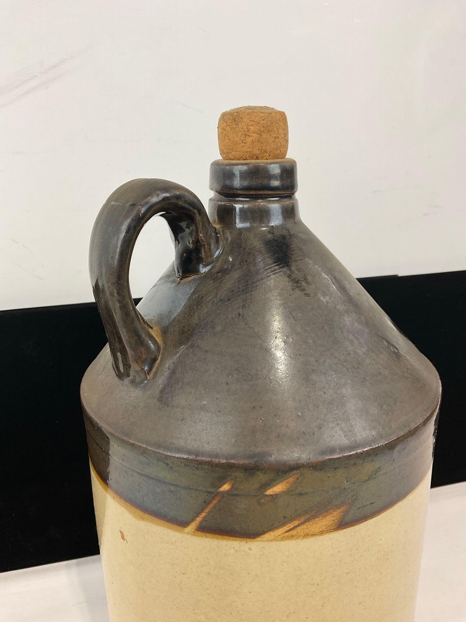 Antique Dark Brown & Beige Glazed Stoneware Jug, w/Cork & Loop Handle, 13h x 8w x 8d inches - 2