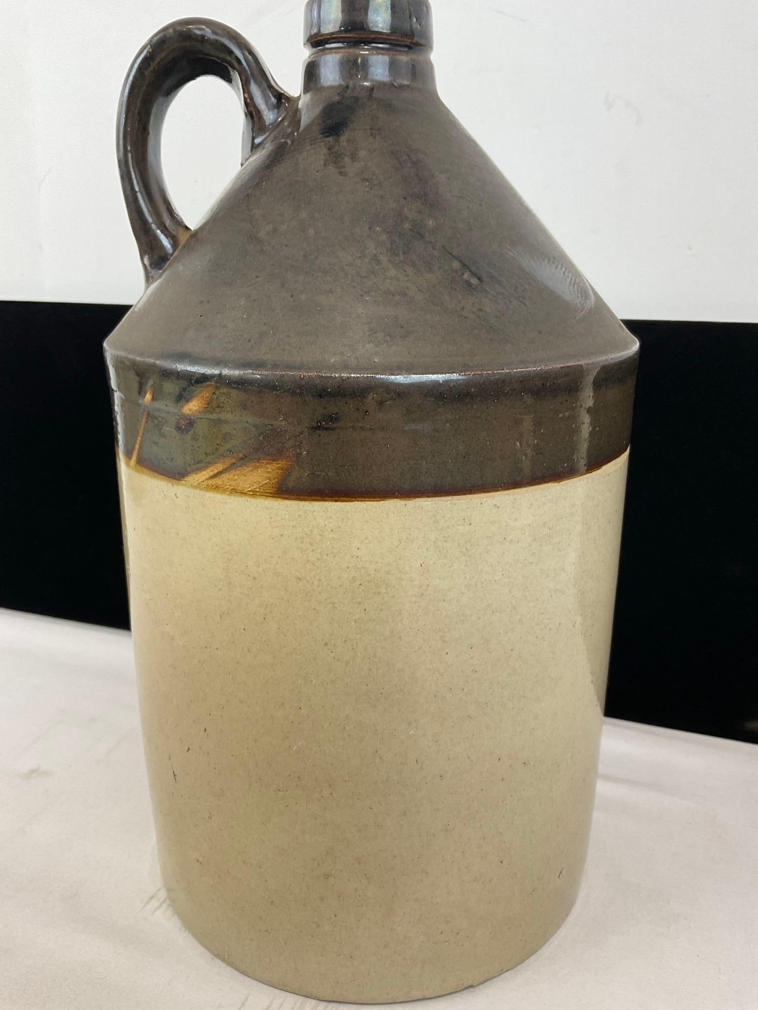 Antique Dark Brown & Beige Glazed Stoneware Jug, w/Cork & Loop Handle, 13h x 8w x 8d inches - 3