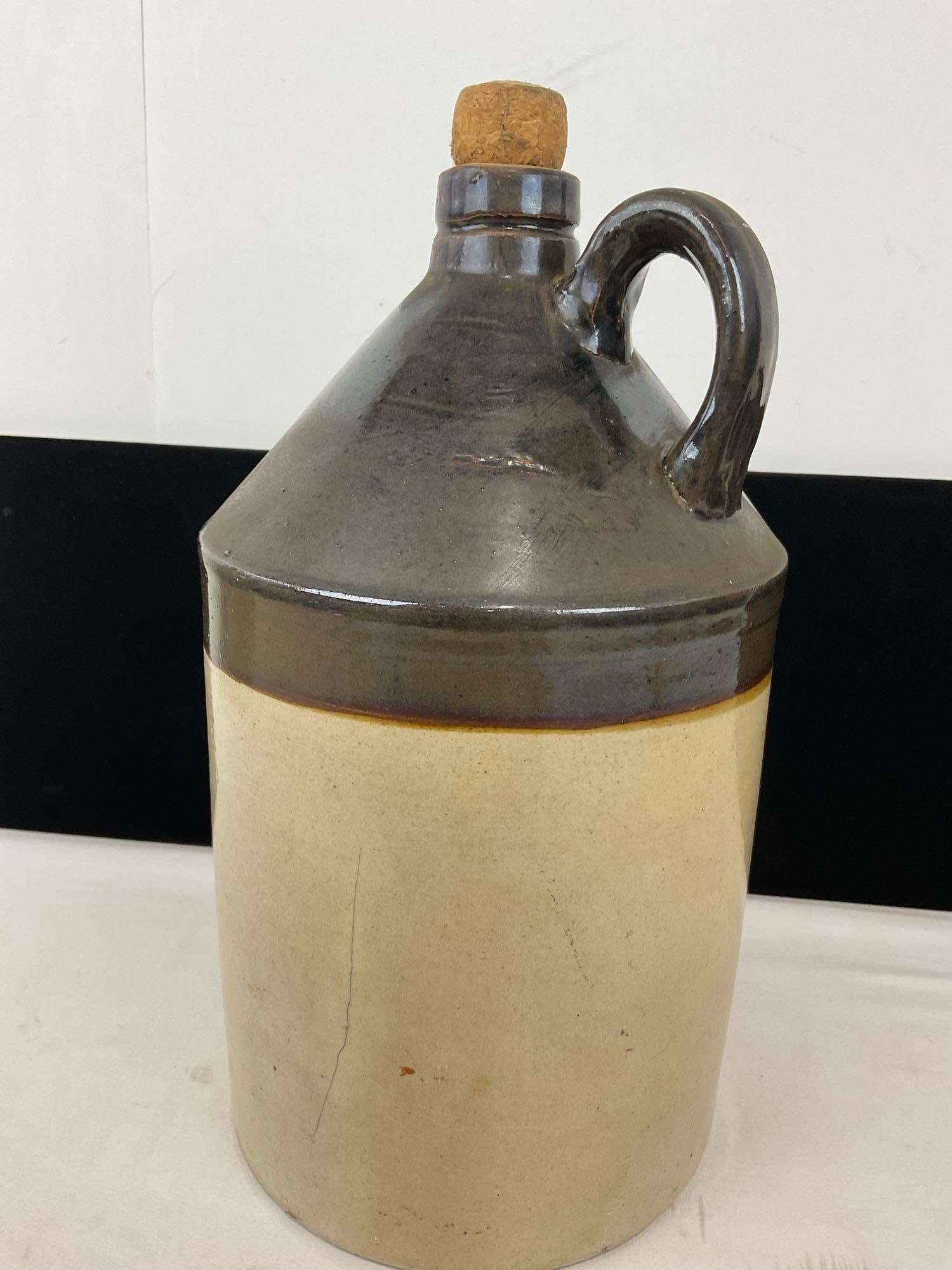 Antique Dark Brown & Beige Glazed Stoneware Jug, w/Cork & Loop Handle, 13h x 8w x 8d inches - 4