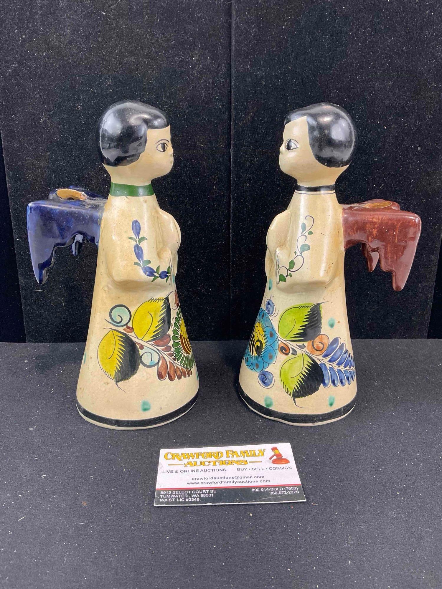 2 pcs Vintage Mexican Painted Ceramic Angel Figural Candlestick Holders. Very Good Condition. - 2