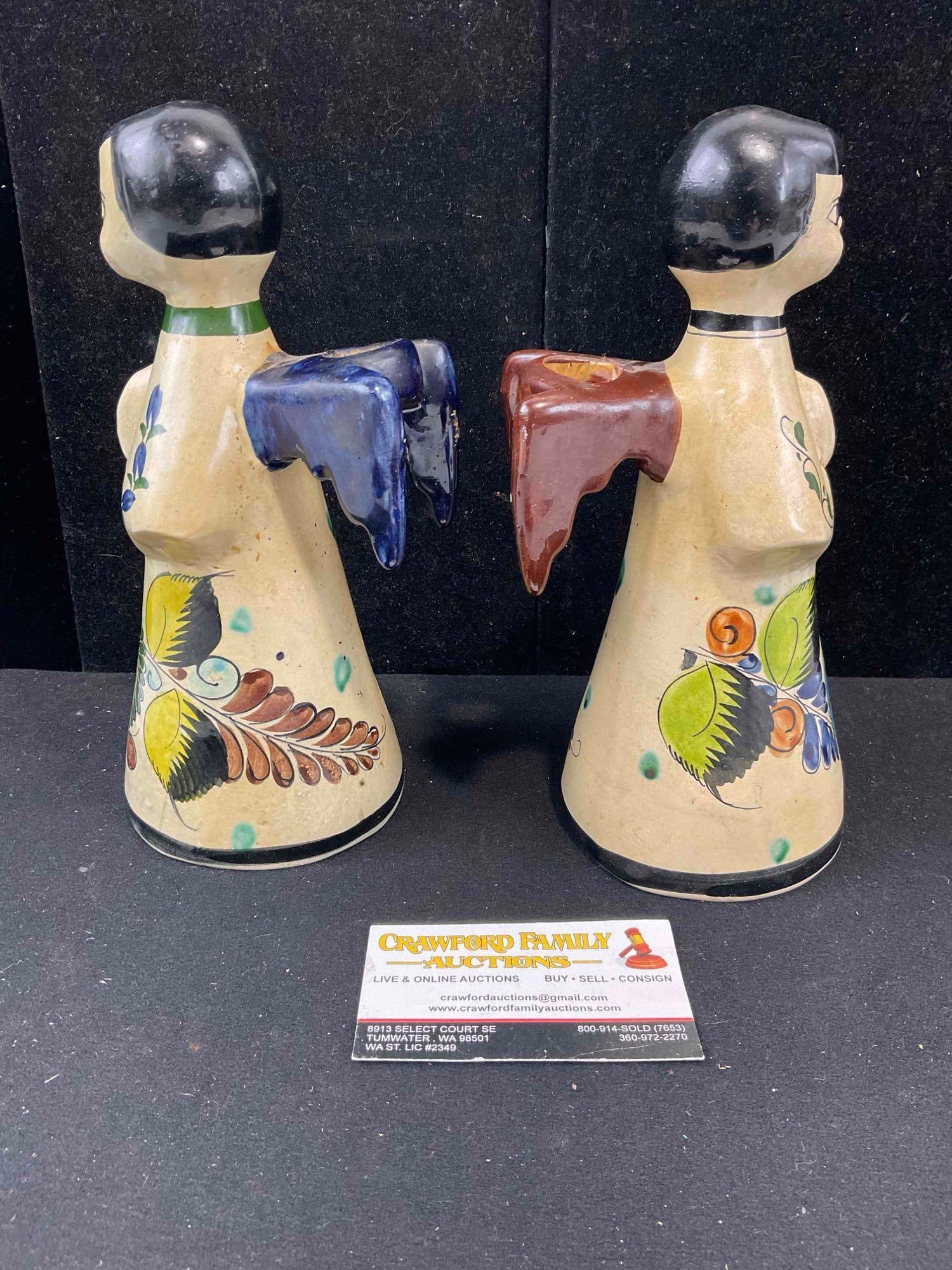 2 pcs Vintage Mexican Painted Ceramic Angel Figural Candlestick Holders. Very Good Condition. - 4