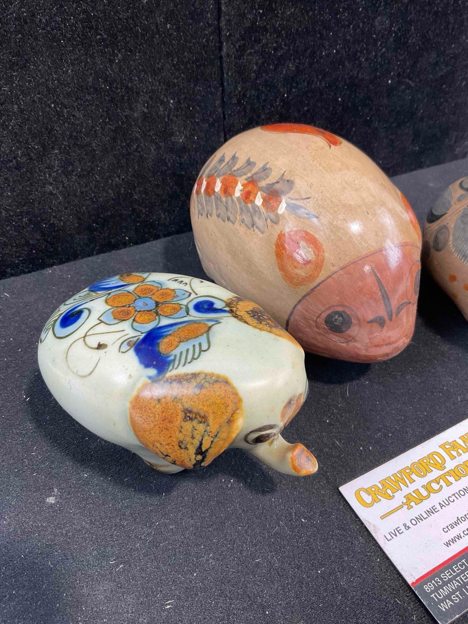 3 pcs Vintage Mexican Painted Ceramic Animal Figural Statuettes, incl. 2x Pigs & 1x Elephant. - 2