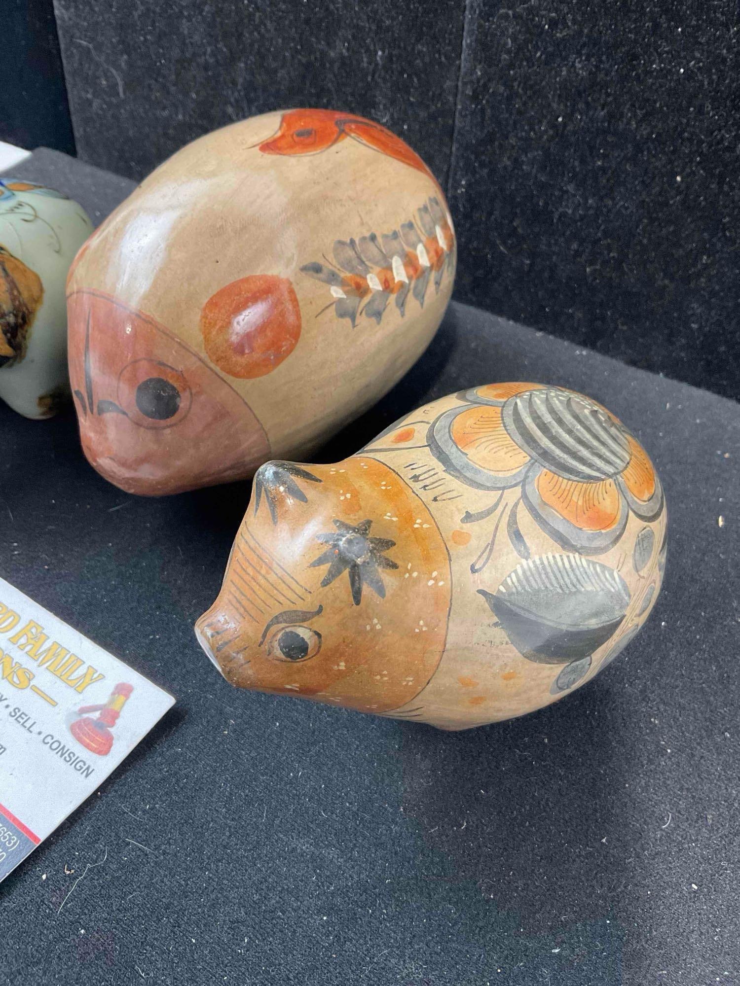 3 pcs Vintage Mexican Painted Ceramic Animal Figural Statuettes, incl. 2x Pigs & 1x Elephant. - 3