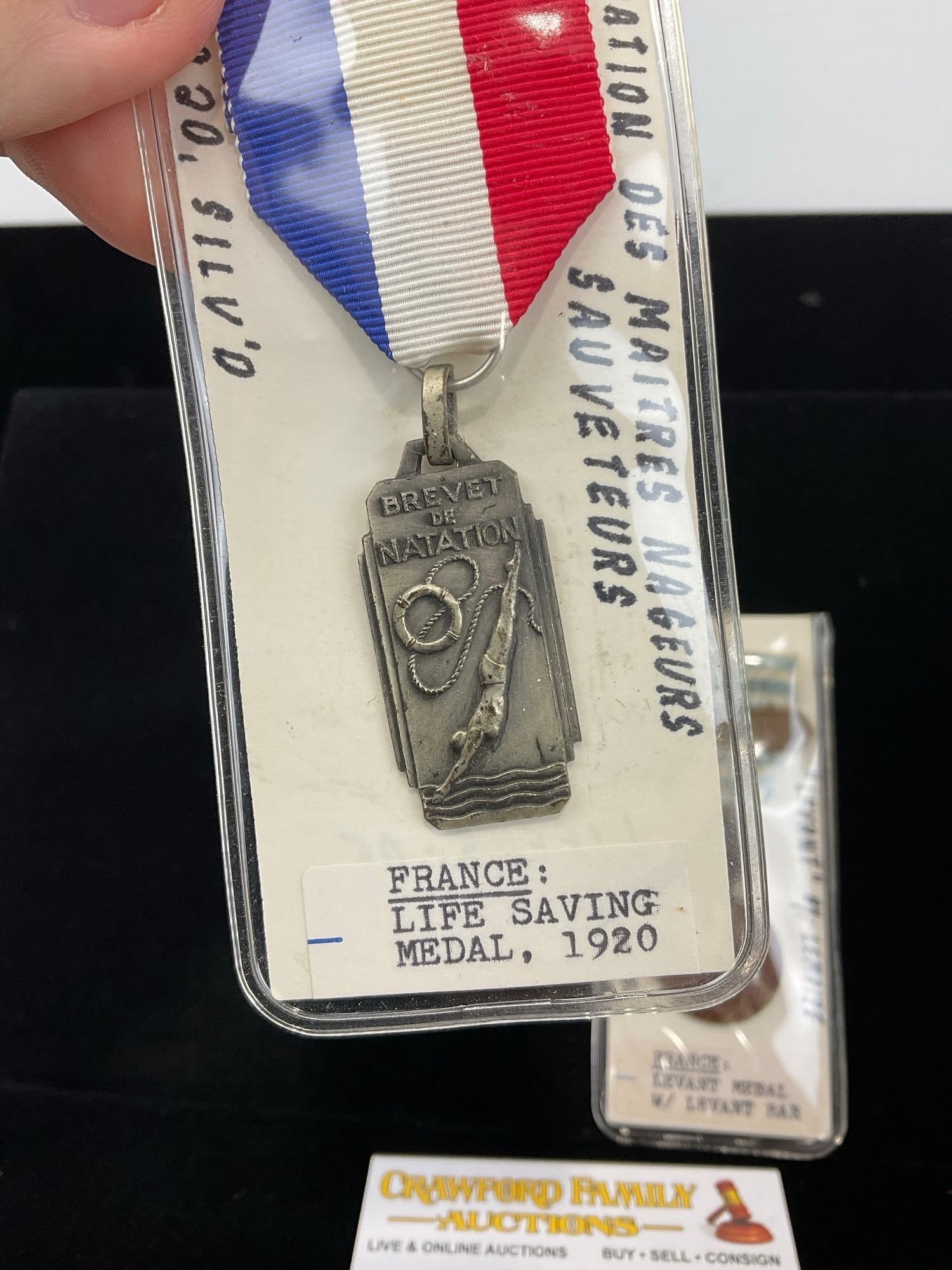 2x French Medals, Life Saving Medal 1920 & Levant Medal w/ Levant Bar, Bronze - 2