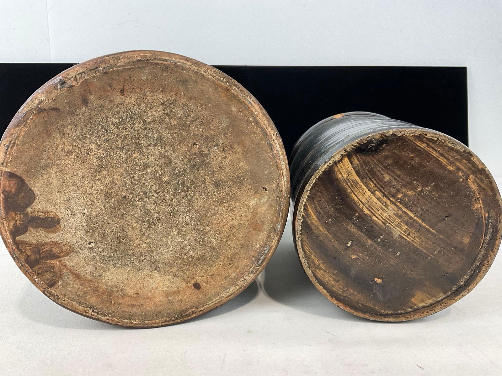 Pair of Glazed Stoneware Crocks, larger of the two measures approx 9h x 9w x 9d inches - 6