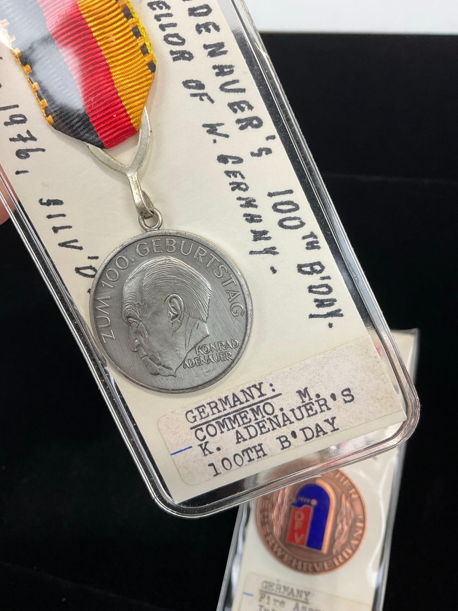 2 German Medals, Commem. Konrad Adenauer 100th BDay 1976 & Fire Assn. Intl. Cooperation - 2