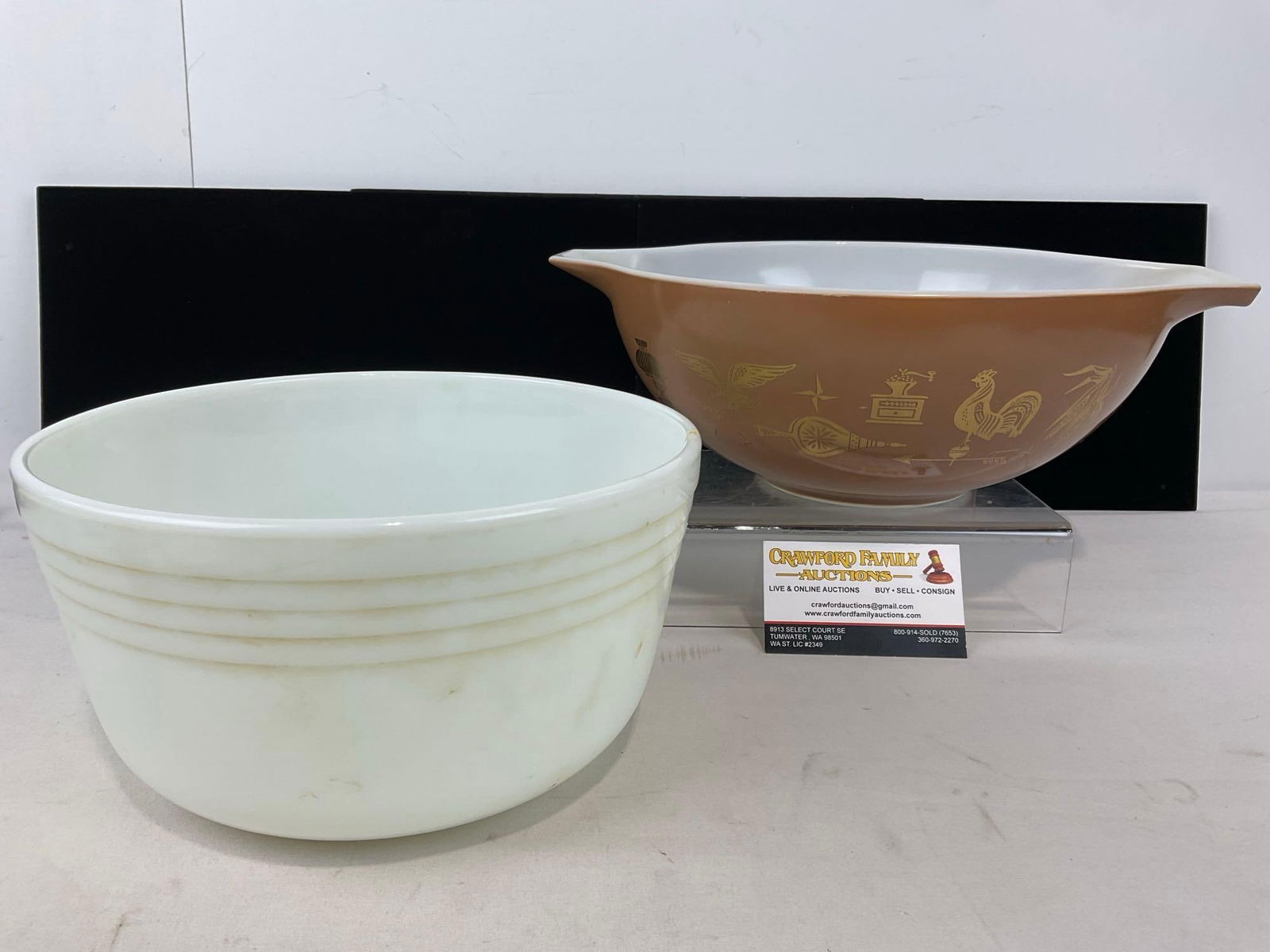 Pair of Vintage Pyrex Milk Glass Kitchen Bowls, 1 Milk Glass, 1 Glazed Brown w/ Gilt Motifs: Appears to be in good shape. The piece measures approx 18h x 14w x 11d inches. See pics. E-4880 
