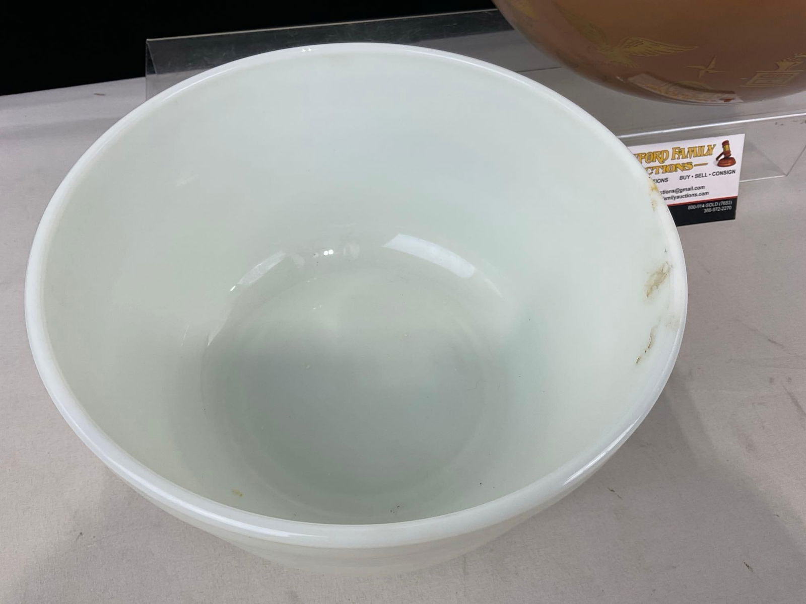 Pair of Vintage Pyrex Milk Glass Kitchen Bowls, 1 Milk Glass, 1 Glazed Brown w/ Gilt Motifs - 2